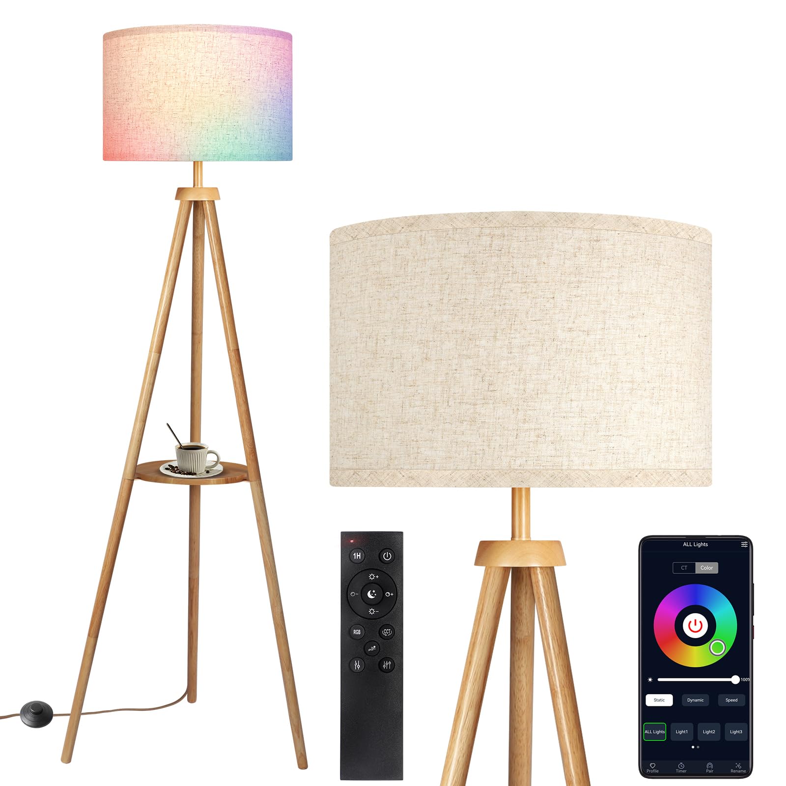 OUTON Tripod Floor Lamp with Shelves, Mid Century Dimmable Wood