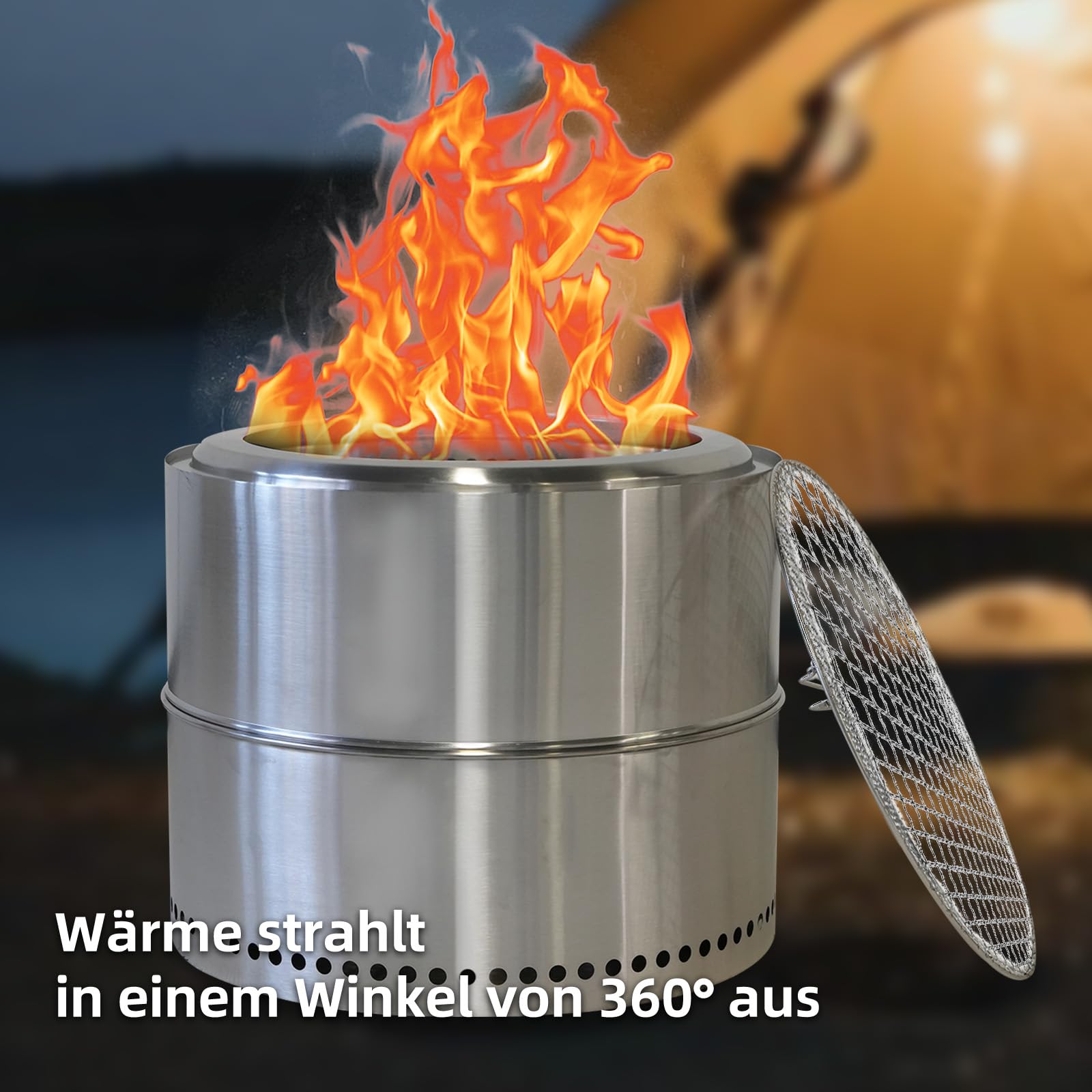 Feuerschale Edelstahl 50cm, Rauchfreie Feuerschale mit Grillrost, Aufbewahrungstasche, Abnehmbarer Aschekasten, Feuertonne, Tragbare Feuerstelle für Den Garten, Terrasse Balkon (Style 2)