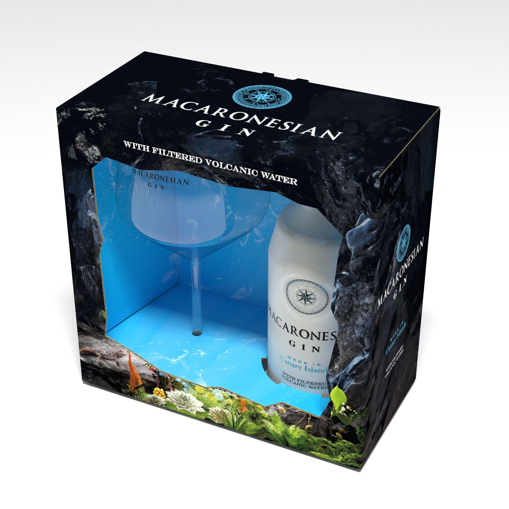 Macaronesian Ginebra Premium de las Islas Canarias con agua filtrada en galerías volcánicas - 37,5% vol. - botella de 700ml + copa de regalo