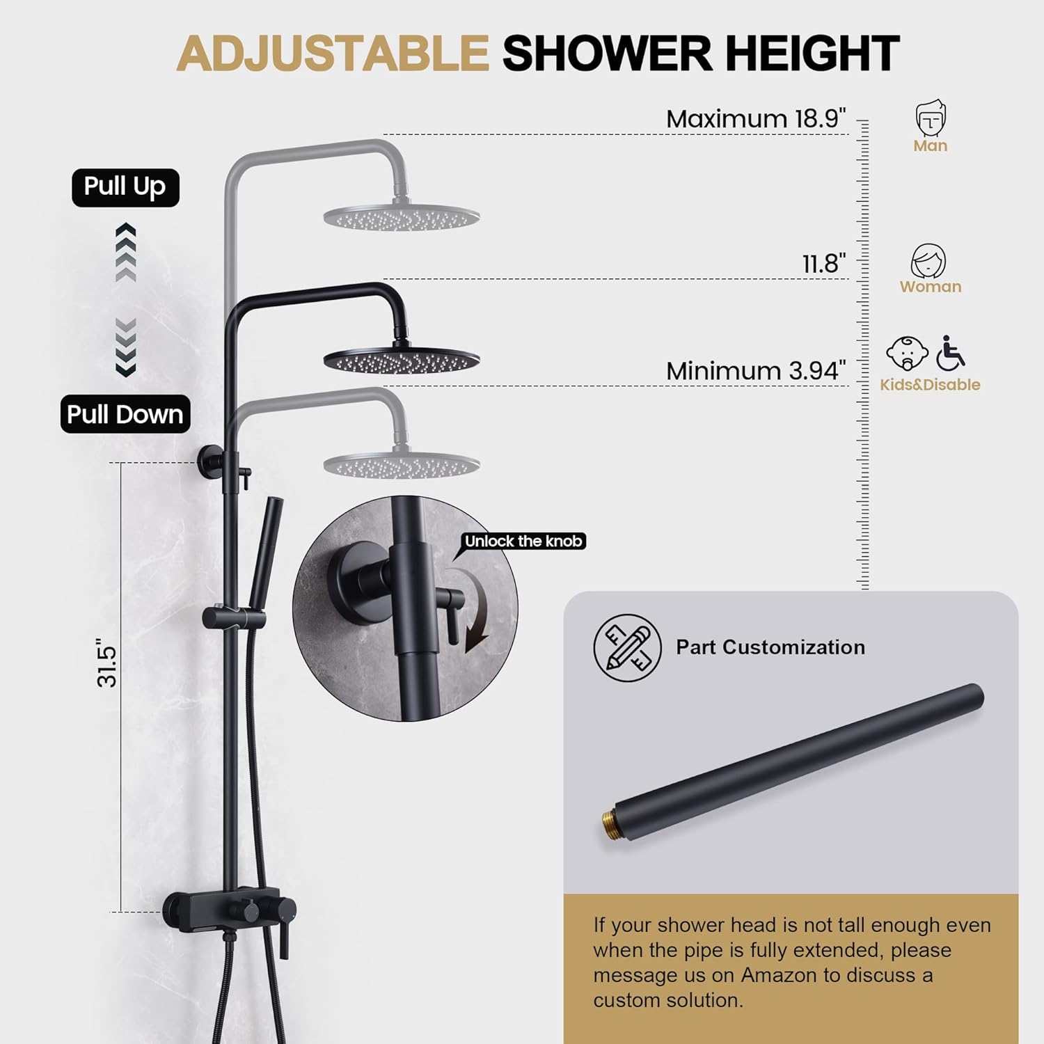 Matte Black Exposed Shower System with 2 Modes HandHeld,3 Functions Tub Shower Faucet Sets with Brass Valve, Shower Fixture with 10 Inches Rainfull Shower Head,Shower Height Adjustable