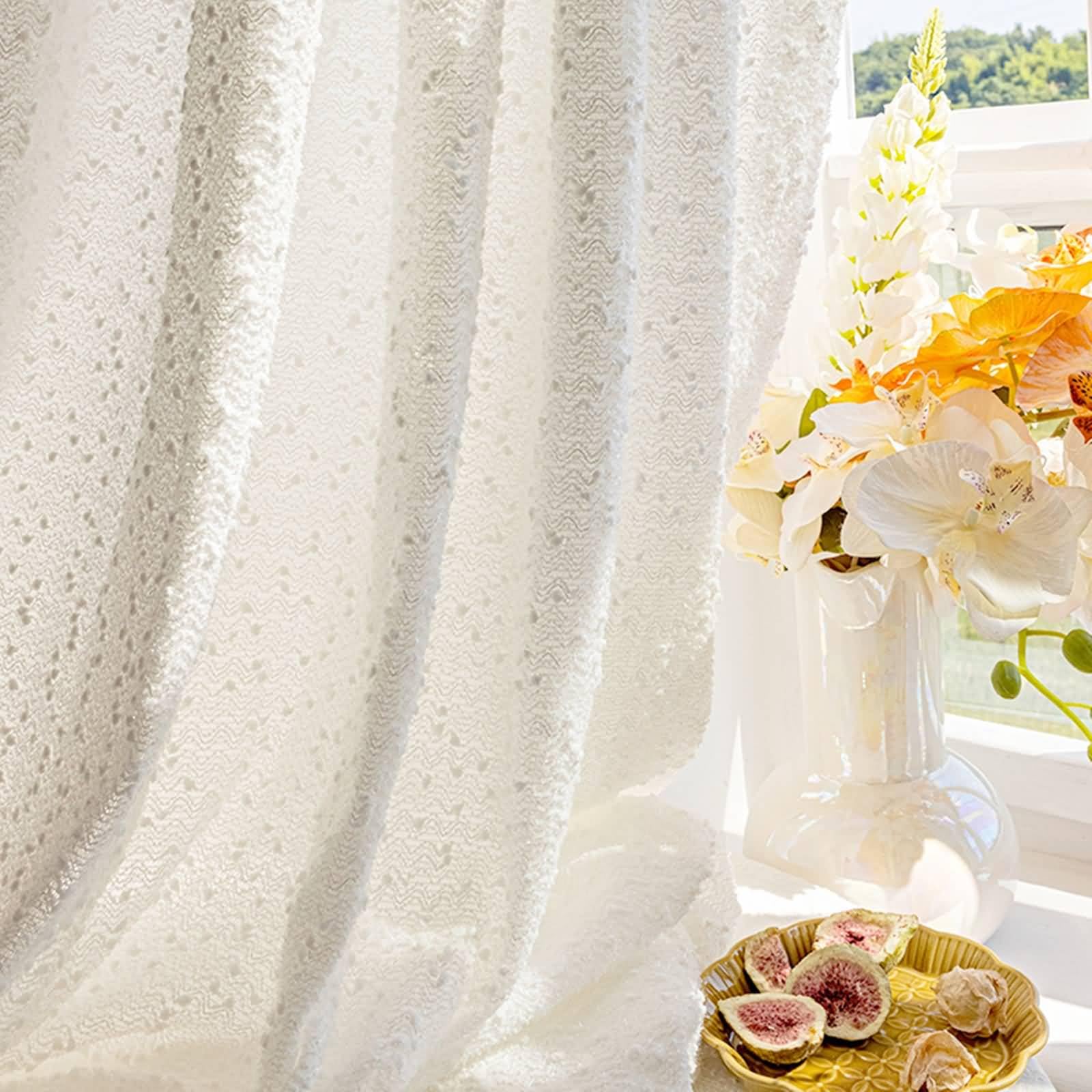 Rideau Transparent Occultant, 102x138cm Couleur Unie avec Pompon Rideau Transparent pour filtrage de la lumière du Salon en Fil, Blanc