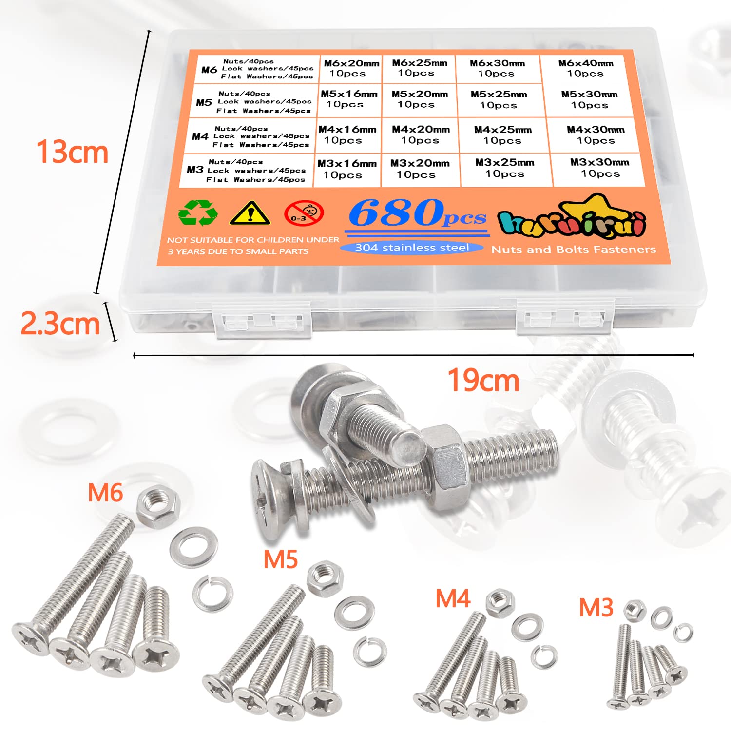 680pcs M3 M4 M5 M6 Boulons et écrous et Rondelles Acier Inoxydable 304 Croix Vis à Tête Fraisée Machines Vis Assortiment de Réparation Kit