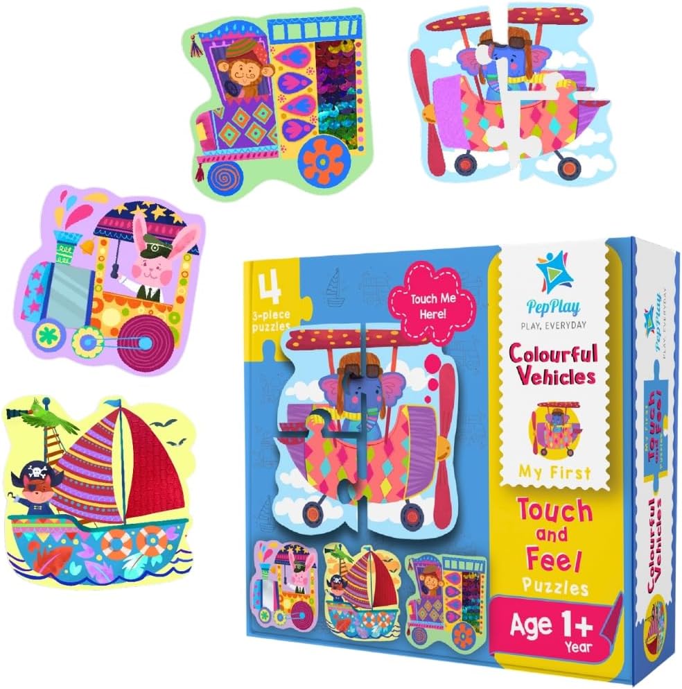 PepPlay My First Touch and Feel Puzzle – Colourful Vehicle, Three Piece Puzzle Learning for Toddlers, Educational Toy for Pre-School and Montessori Kids, Birthday and Return Gift for 1-4 Years Old