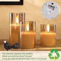 Vista 4 de GenSwin Rechargeable LED Flameless Flickering Glass Candles with Remote Timer, Battery Operated Pillar Candles Long Lasting Gold Real Wax USB Candle