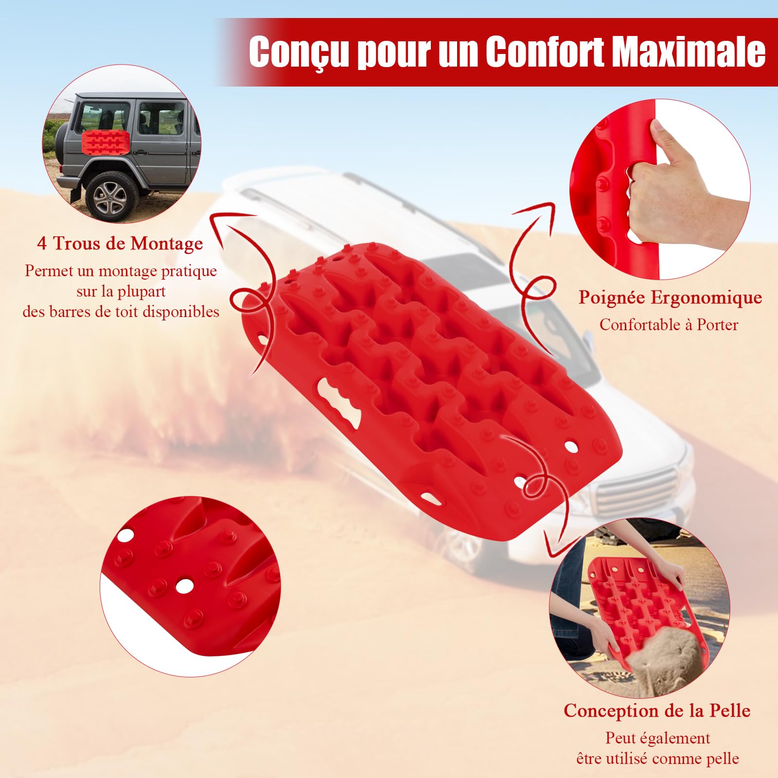 SOARS Lot de 2 Tapis de Traction Tout-Terrain, Planche de Récupération pour Boue, Sable et Neige, Charge Maximale 10 T, pour Voiture Tout-Terrain, Camping-Car, Camion, 58 x 31 x 6 CM, Rouge