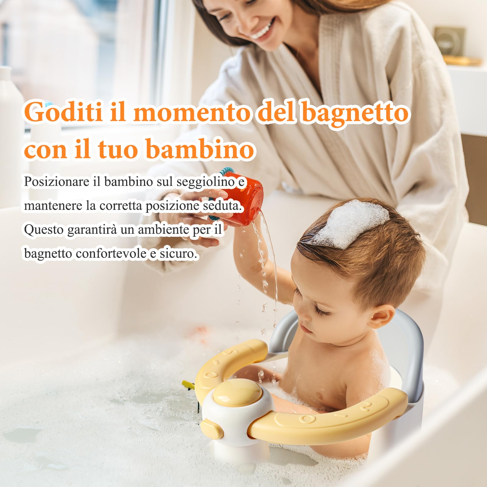 Seggiolino per vasca da bagno per bambini dai 6 mesi in su, antiscivolo, con 4 ventose forti, ergonomico, per doccia o vasca da bagno (giallo)