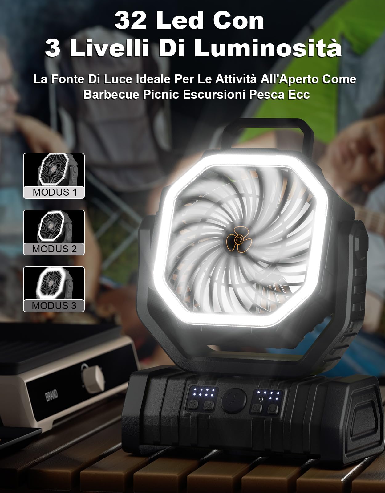 Richday 20000mAh con lanterna LED Ventilatore da campeggio Ventilatore silenzioso a 4 velocità Rotazione di 270° Ventilatore da campeggio all'aperto per uffici Tenda da camera da letto Campeggio