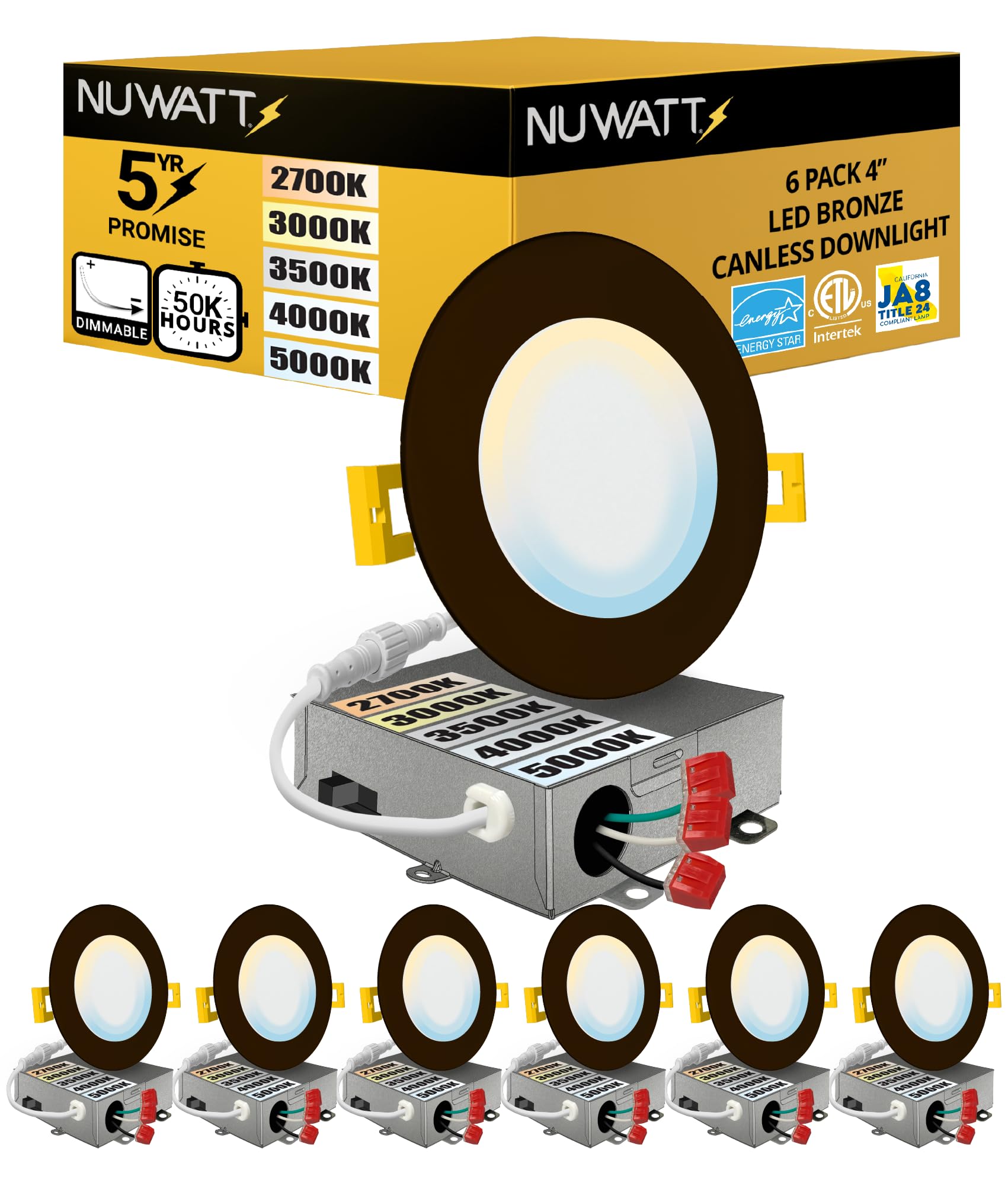 NUWATT 6 Pack 4 Inch Ultra-Thin Bronze LED Recessed Lighting, 5CCT 2700K/3000K/3500K/4000K/5000K Selectable, 630 Lumens, IC Rated, Dimmable Canless
