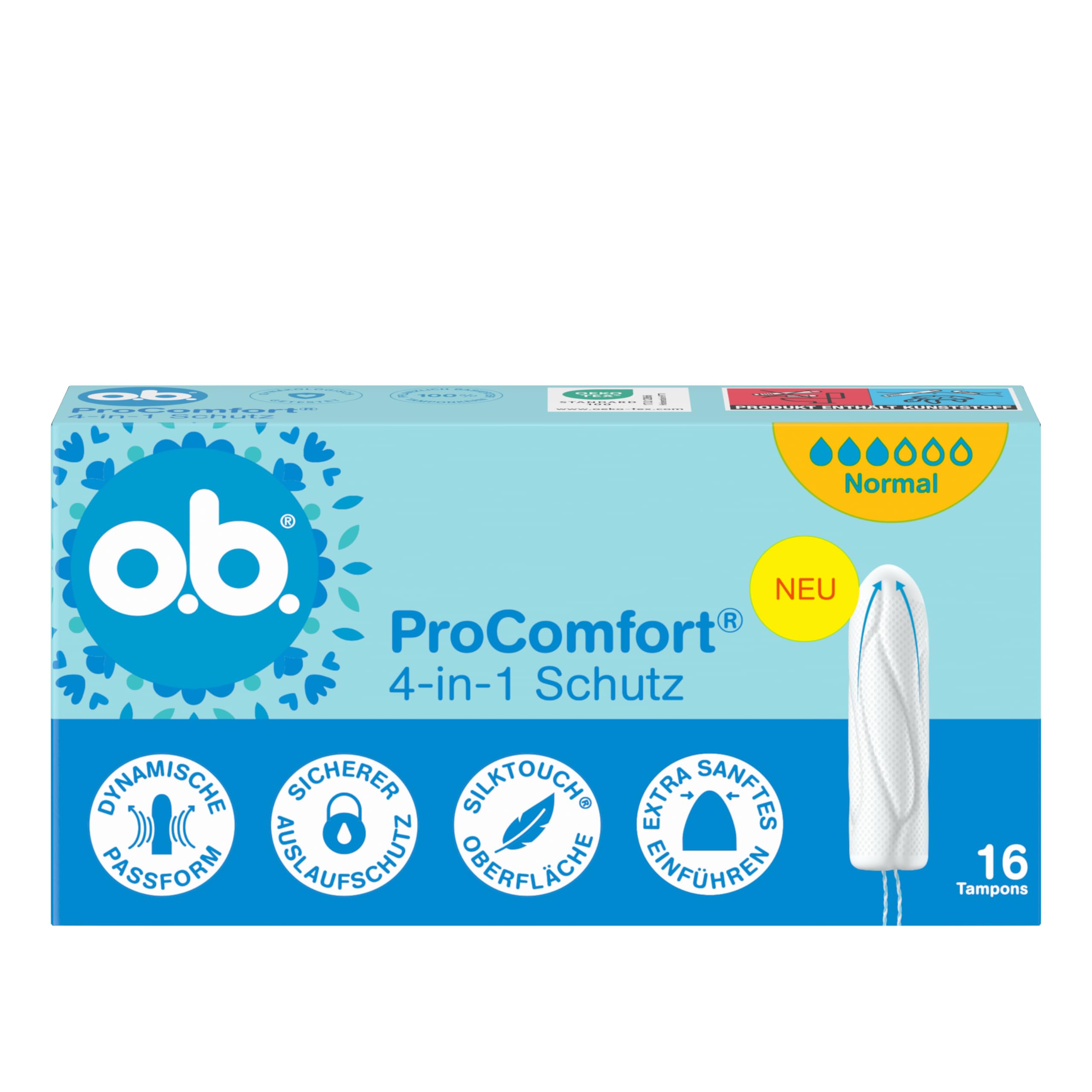 o.b. ProComfort normalne tampony 4 w 1 (6 x 16 szt.) z bardzo delikatną końcówką do łatwego wkładania i do 100% ochrony przed wyciekiem, idealne do uprawiania sportu i na co dzień