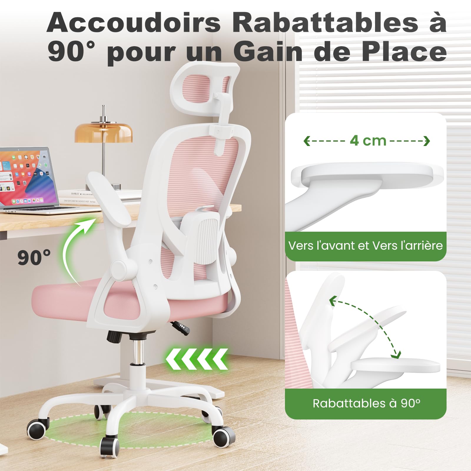 rattantree Chaise de Bureau,Fauteuil Bureau Soutien Lombaire Réglables,Rose