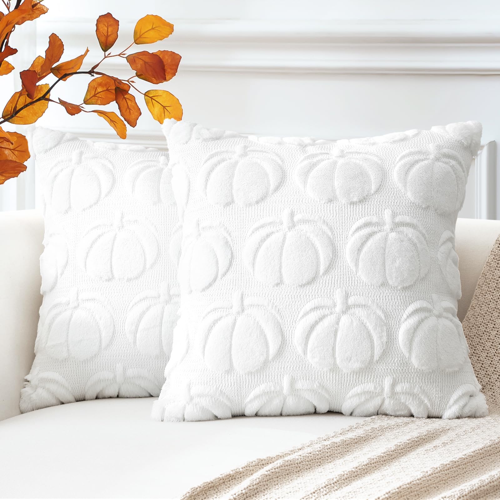 Artscope Fall Cushion Covers Set of 2 Autumn Pumpkin Throw Pillow Covers for Sofa Couch Bed Living Room Soft Plush Short Wool Velvet Farmhouse Pillowcases for Halloween 55x55cm White