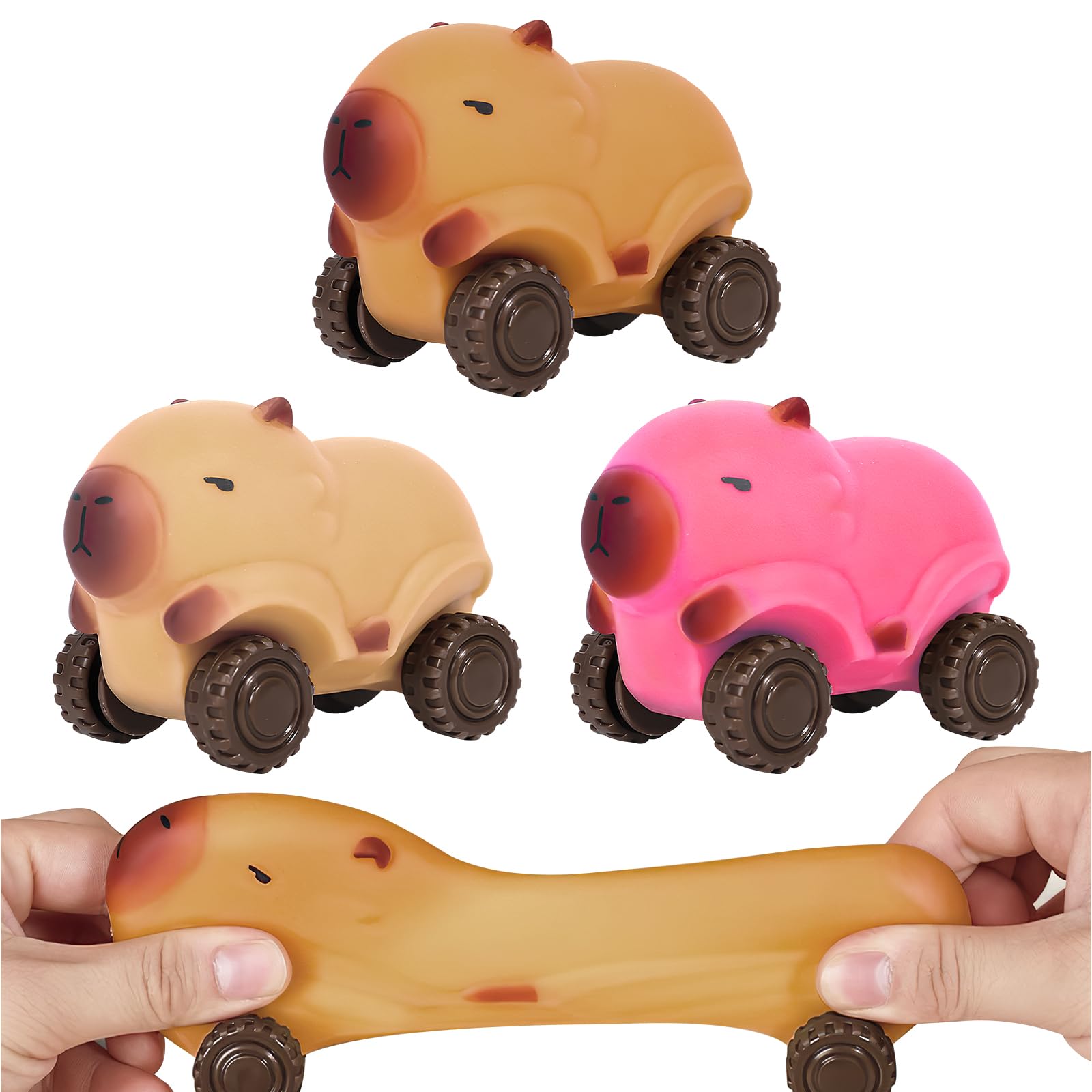 3pcs Capybara Squeeze Toy Car, Capybara Stress Toy with Wheels, Capybara Stretch Squeeze Toys, Portable Vent Toys Capybara Squeeze Car, Cute Capybara Cozy Pinch Toy for Kids, Adults