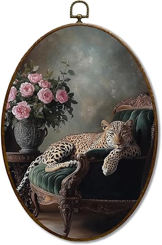 JQF Decoración de pared ovalada de guepardo vintage, arte de pared ovalado floral de leopardo oscuro Moody Moody, impresiones enmarcadas de guepardo