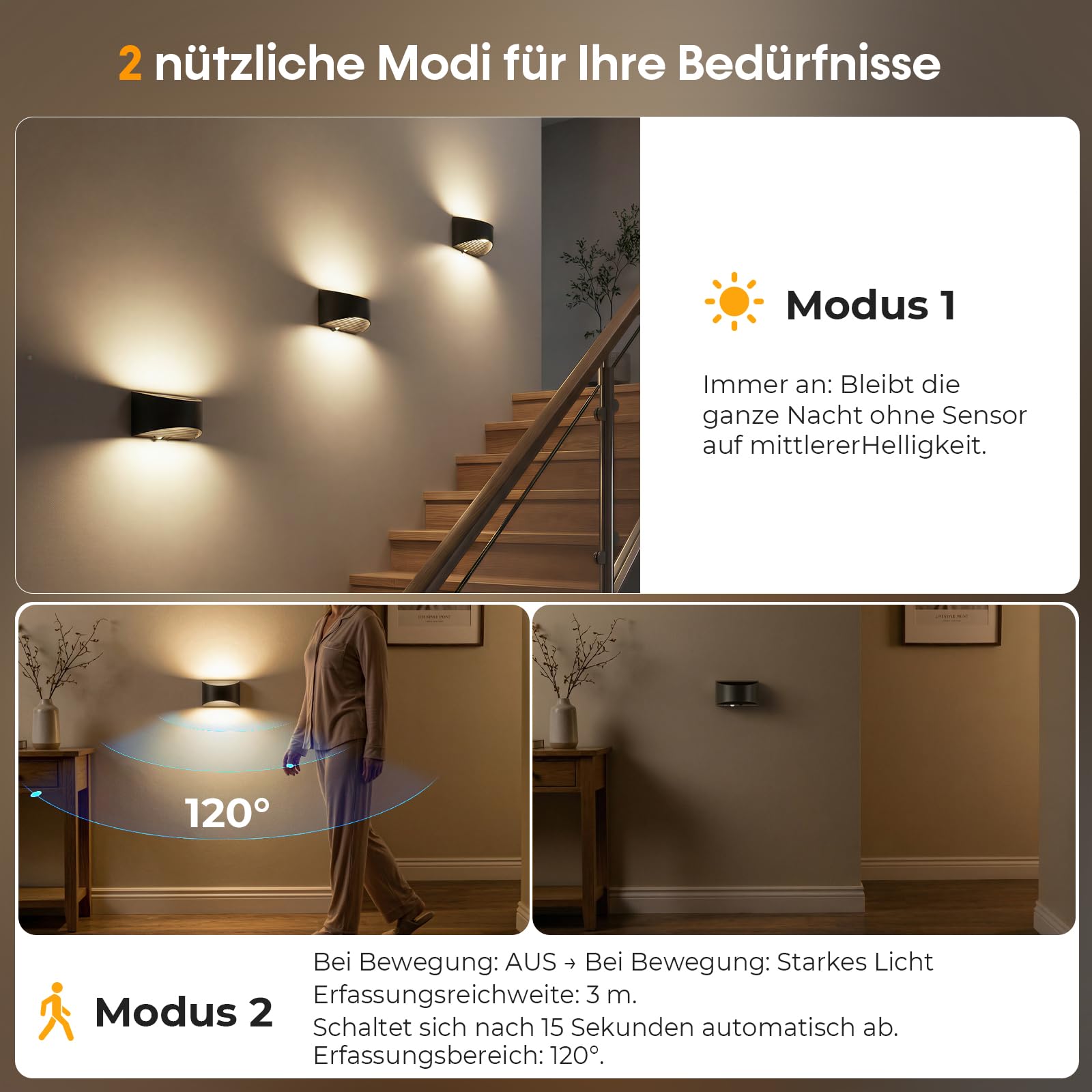 NIORSUN 4 Stück Akku Wandleuchte Innen mit Bewegungsmelder & Fernbedienung, 3 Farben dimmbar (3000K-6500K), 5000mAh kabellos ohne Stromanschluss für Schlafzimmer, Wohnzimmer, Treppe, Schwarz