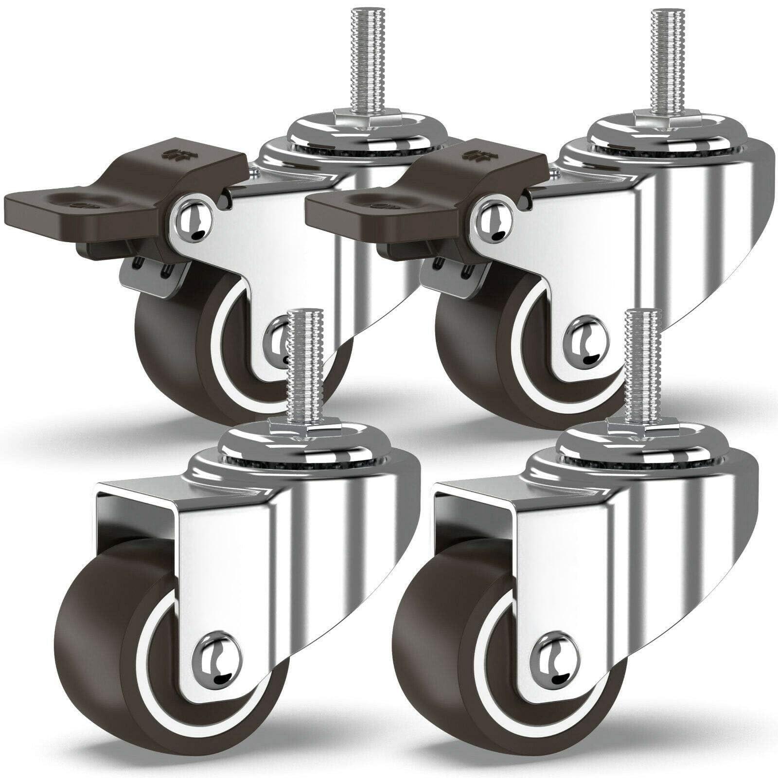THE WHITE SHOP Set of 4 Small Caster Wheels with 2 Brakes + Screws M6x15mm - 90Lbs - Low Profile Castor Wheels with Brakes - No Floor Marks Silent Casters - Mini Wheels for Cart(Size:1IN)