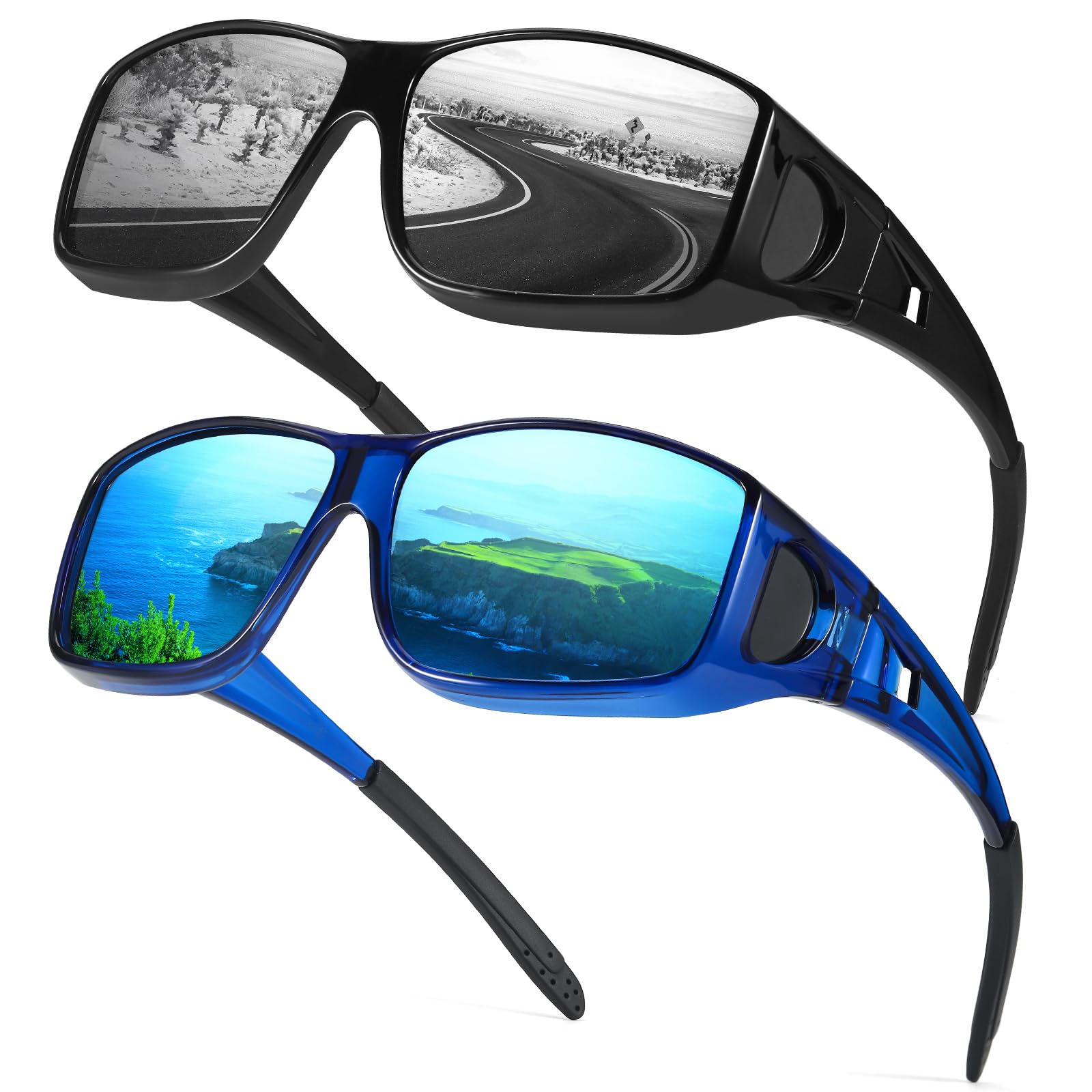 Myiaur 2er Pack Polarisierte Überzieh Sonnenbrille für Herren Damen Rechteckige Fassung UV400 Schutz für Autofahren, Angeln & Outdoor-Aktivitäten