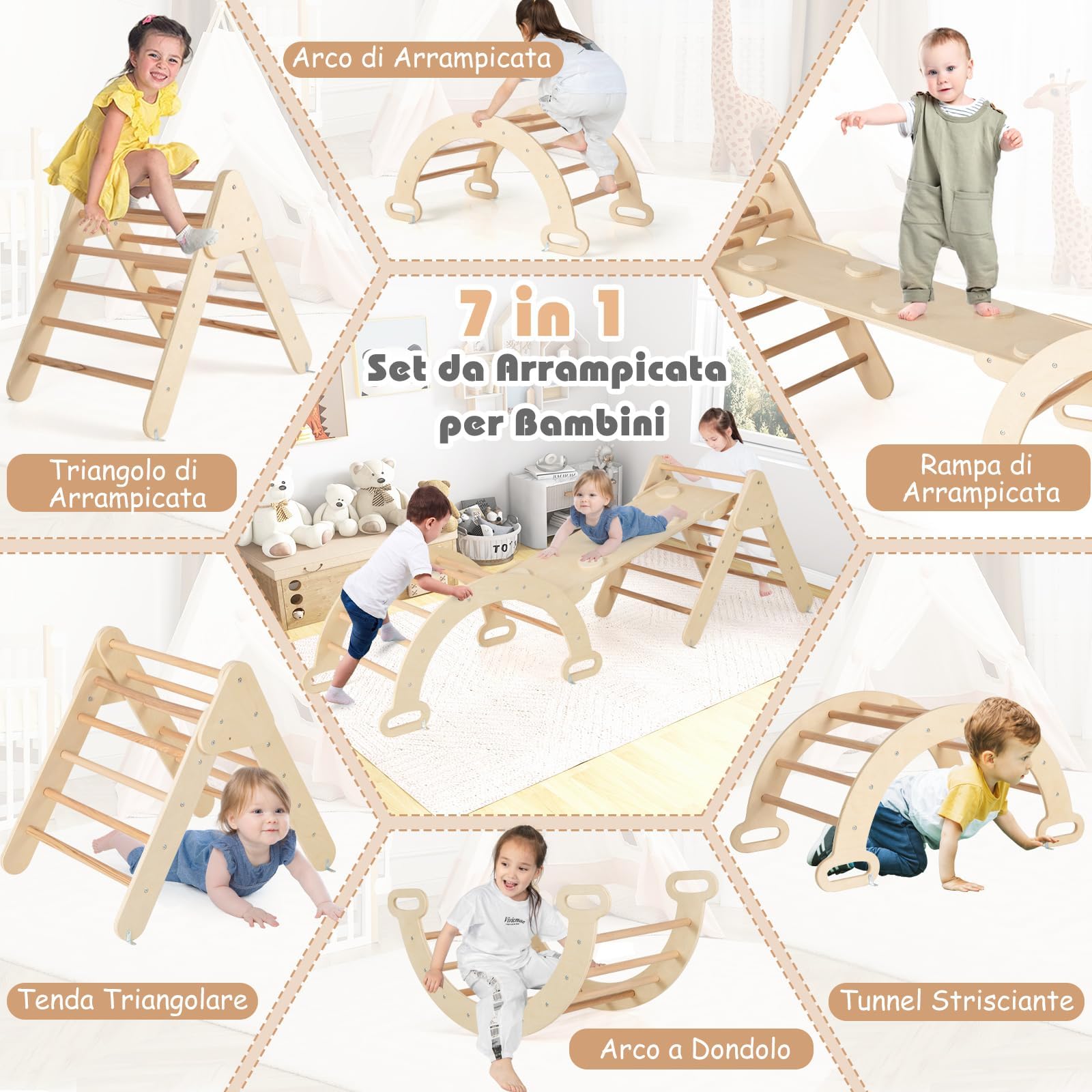 COSTWAY 4 in 1 Set da Arrampicata per Bambini, Giocattoli da Arrampicata a Triangolo con Triangolo Arco e Salita, Ideale per Bambini 1 Anni + (Naturale)