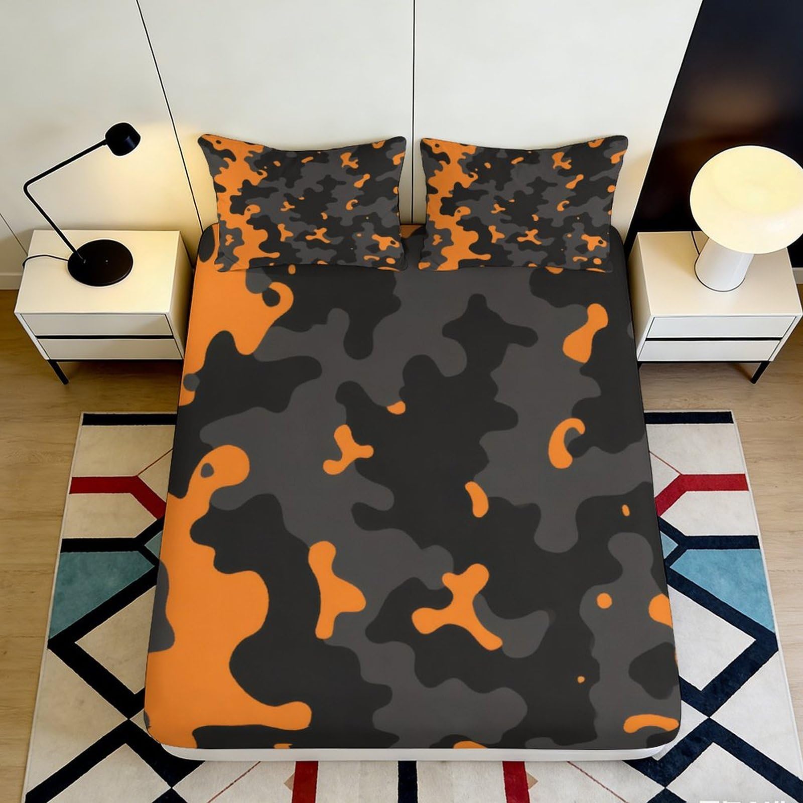Pnayamiorkfel Style-9 3D Printed Orange Black Camo Fitted Sheet Microfiber Soft Breathable Camouflage Bed Cover For Bedroom Dorm Décor 90X200x25cm