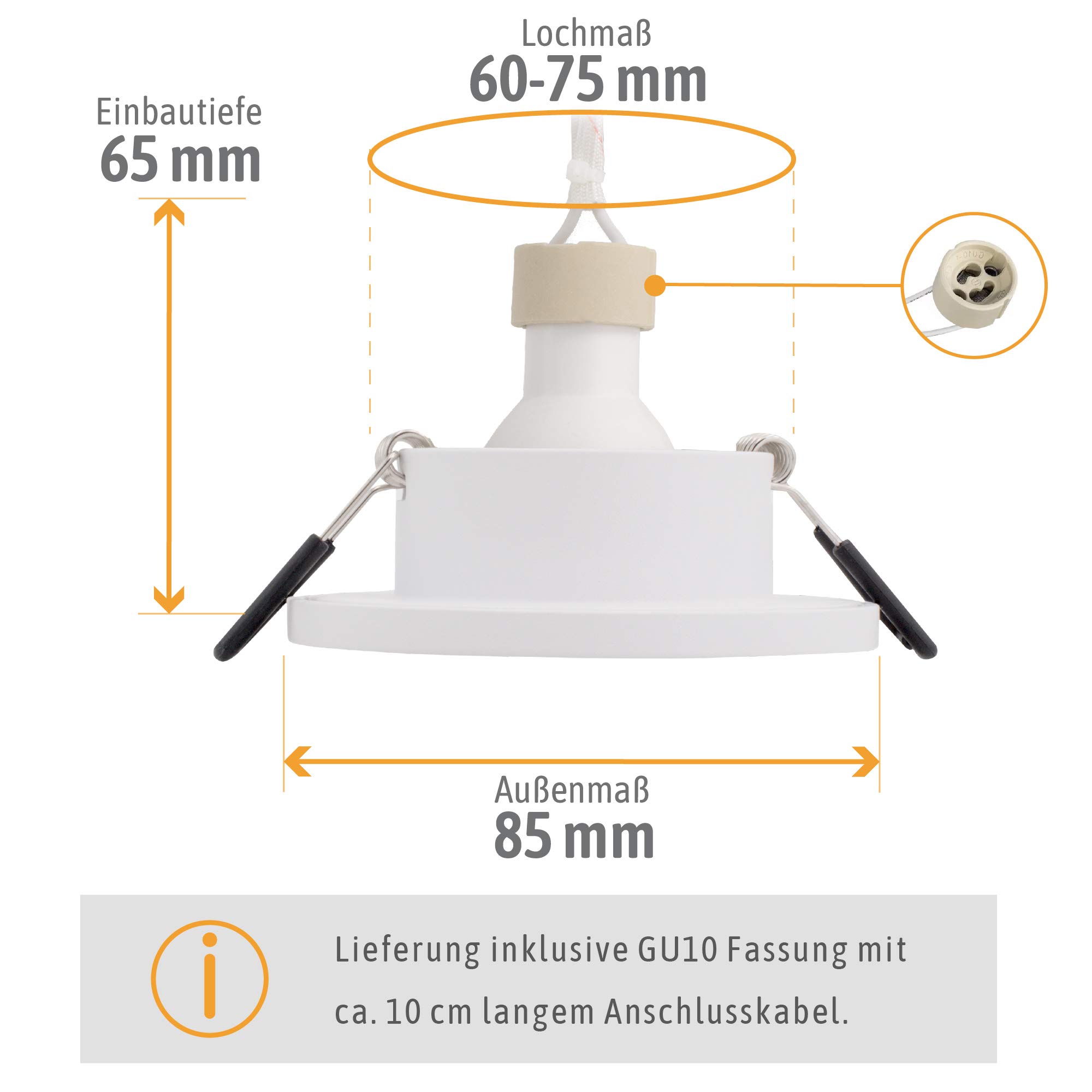 SSC-LUXon BEDA Einbauspot 6er Set weiß rund IP65 GU10 2W warmweiß flach | Sechs flache Einbauspots IP65 weiß - warmweiß, nur 30mm tief, für Bad, Dusche & Wohnbereich, wechselbares GU10 LED