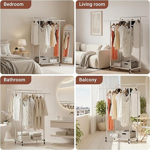 Miniatura 7 de TigerParty Perchero de doble barra para colgar ropa, perchero resistente de acero inoxidable resistente, perchero con ruedas para dormitorio,