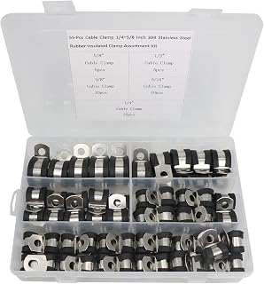 Cable Clamps Assortment Kit, 55PCS 304 Stainless Steel Rubber Cushion Pipe Clamps 5 Size 1/4'' 5/16'' 3/8'' 1/2'' 5/8'' Metal Wire Clamps for Electric Wires, Fuel Line Hose