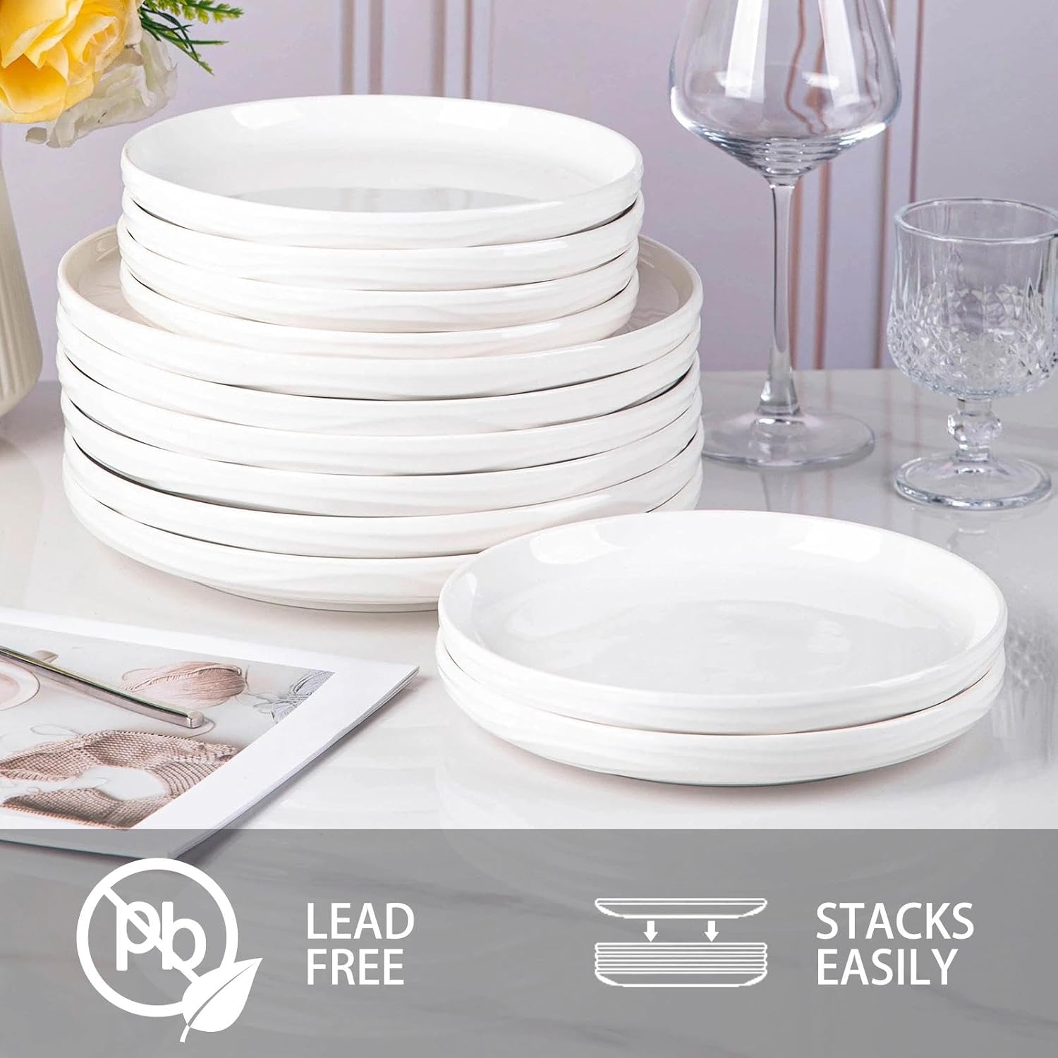 White Salad Plates Set of 6, 8 Inch Small Ceramic Ribbed Texture Dinner Plates, Kitchen Serving Dishes for Appetizer, Dessert, Microwave & Dishwasher Safe, Scratch Resistant - Image 5