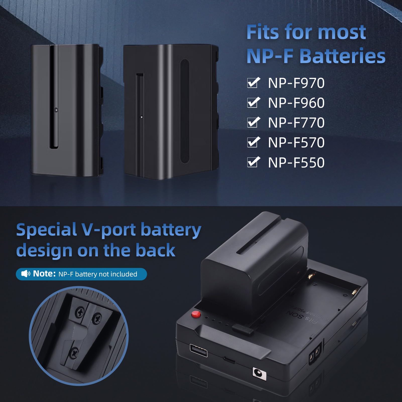 Andoer NP-F970 F750 F550 - Piastra per batteria a V-Lock V-Mount con uscite USB-A/Type-C/DC/D-TAP