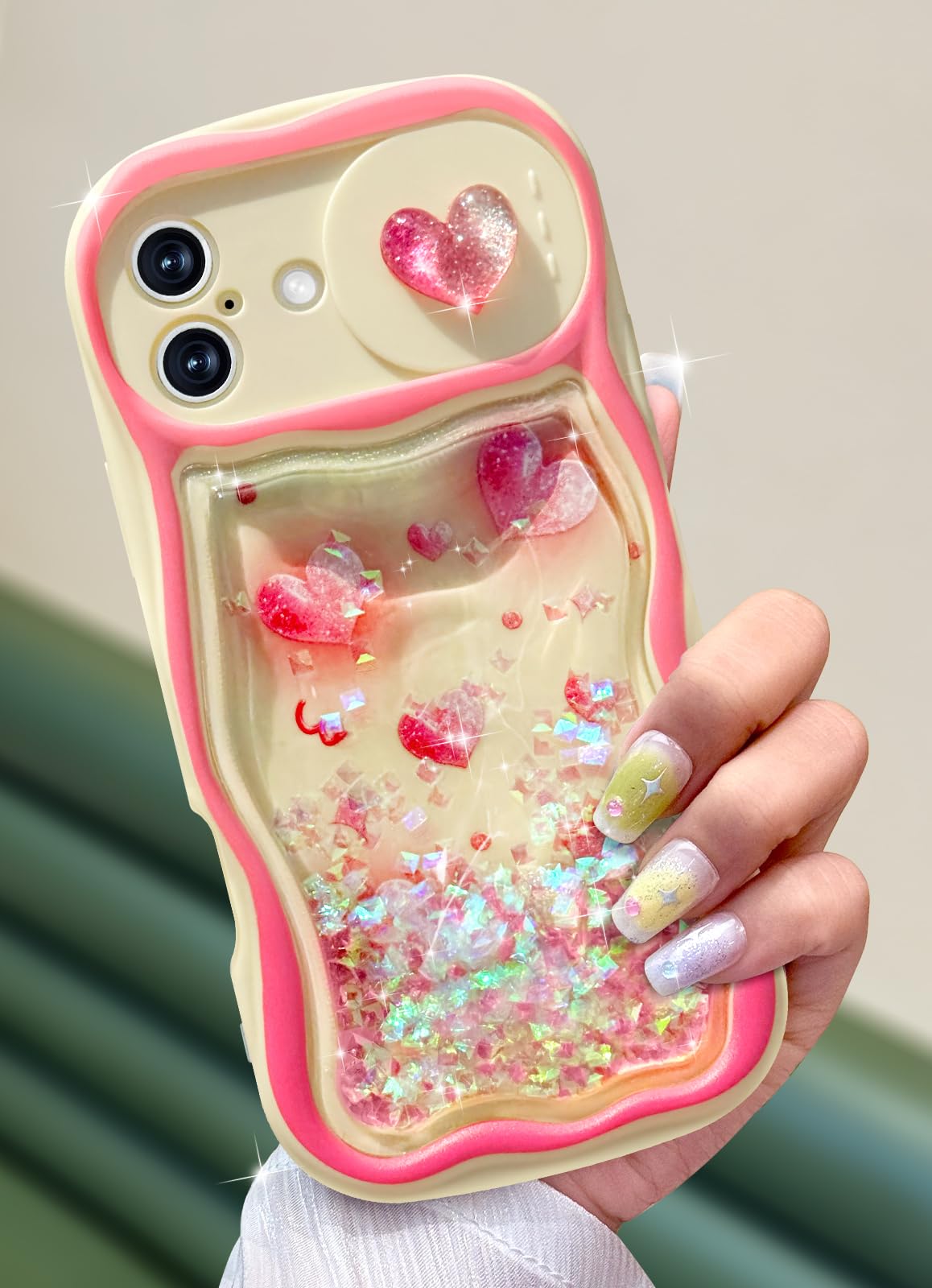 Toycamp for iPhone 16 Plus Case 6.1 Inch - Women Girls Cute Hearts with Sliding Camera Cover Glitter Fashion Bling Girly Sparkle Design Flowing Liquid