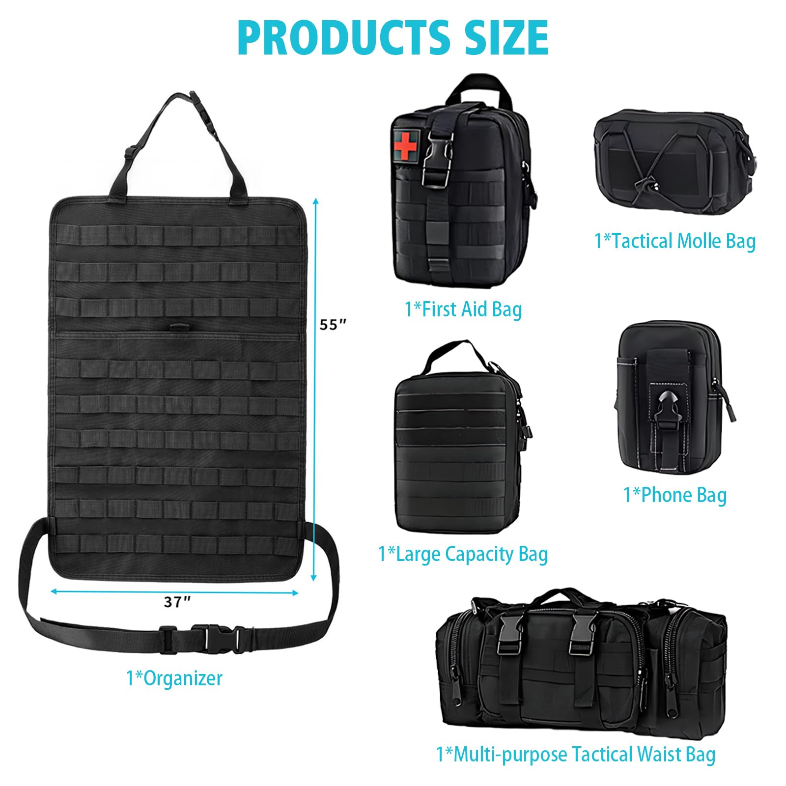 Taktischer Autositz-Organizer,Universal Vehicle Seat Back Organizer mit 5 abnehmbaren Aufbewahrungstaschen für Auto, LKW