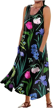 Plus Size Cotton Linen Summer Dresses for Curvy Women 2025 Sleeveless Maxi Vacation Beach Sundresses with Pockets