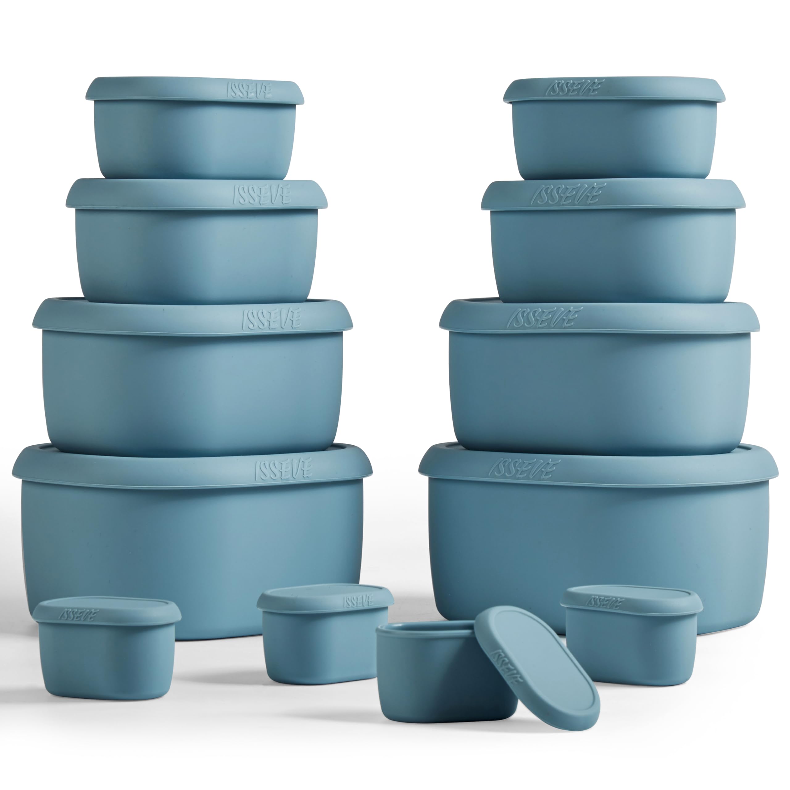 ISSEVE 12Pcs/Set Nesting Silicone Food Storage Containers with Lids, BPA Free Reusable Meal Prep Silicone Containers Airtight, Freezer Dishwasher Safe (33.8oz, 20oz, 10oz, 6.7oz, 1.3oz) (Blue)