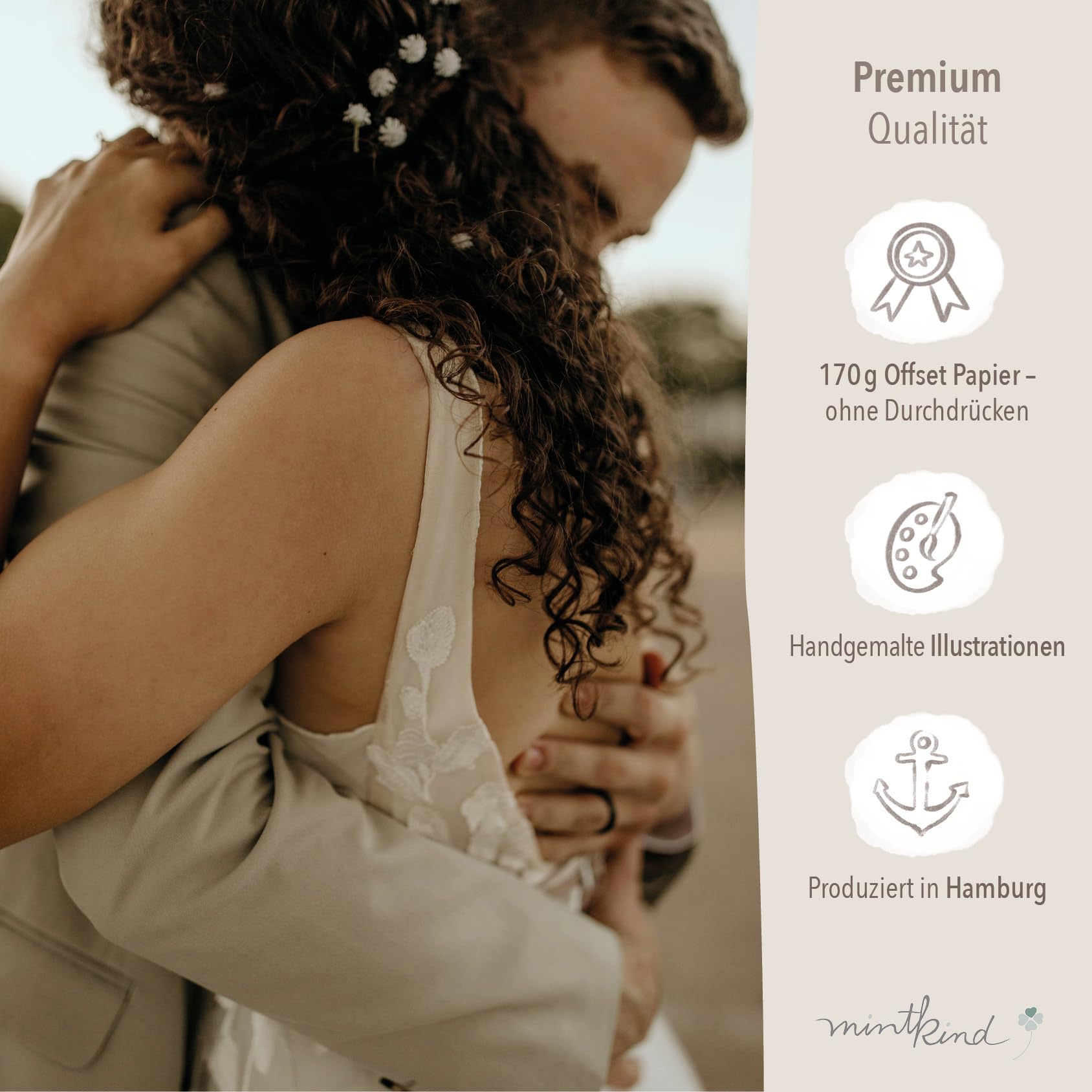 mintkind® Gästebuch Hochzeit zum Ausfüllen Beige inkl. 4 Stickerbögen | 84 Seiten mit Fragen für die Gäste | Hochzeitsgeschenke für Brautpaar als Hochzeit Deko | Goldene Hochzeit Silber Hochzeit