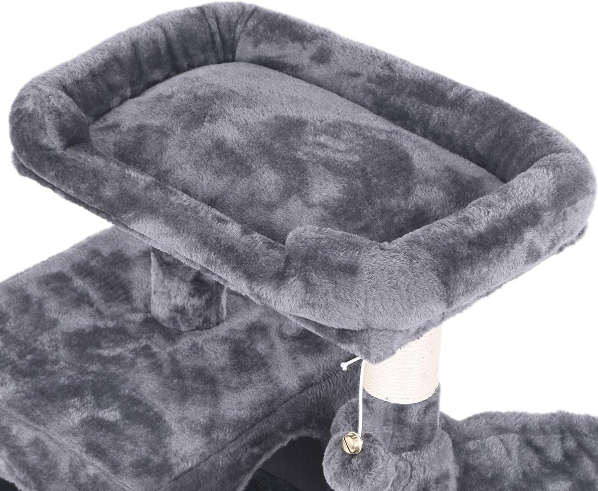 BEWISHOME Cat Tree Condo with Sisal Scratching Posts, Plush Perch, Dual Houses and Basket, Cat Tower Furniture Kitty Activity Center Kitten Play House, Smoky Grey MMJ06H