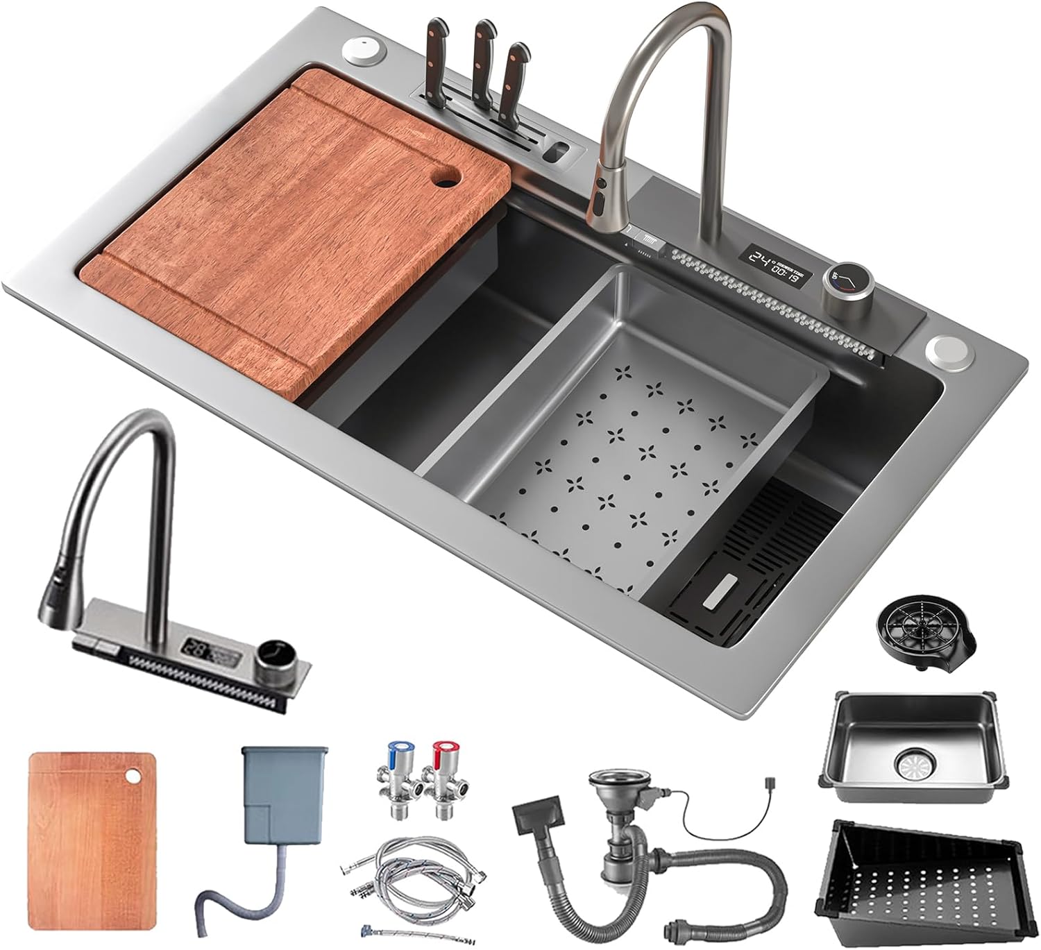 DSMRLEOP Large Single Bowl Undermount Kitchen Sinks 304 Stainless Steel Set Waterfall Grey Farmhouse Sink, Single Bowl Workstation Sink with Digital Display Pull-Out Tap, 13-Piece Set (75 x 46 cm)