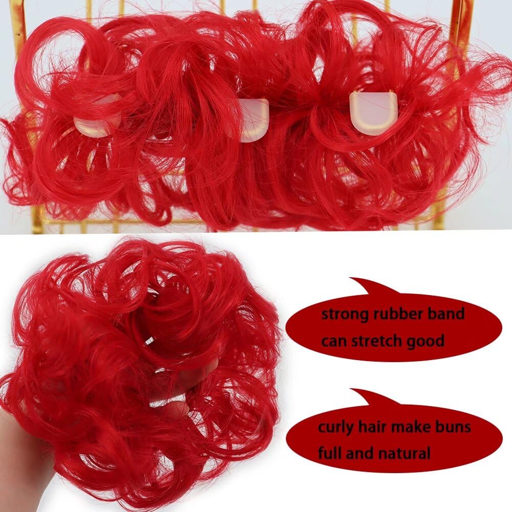 2pcs/pack Fashion Red Color Synthetic Hair Bun Extensions Messy Hair Scrunchies Wavy Hair Pieces Hair Donut Updo Ponytail Extension Hair Buns for Women Girl #1664 image 3