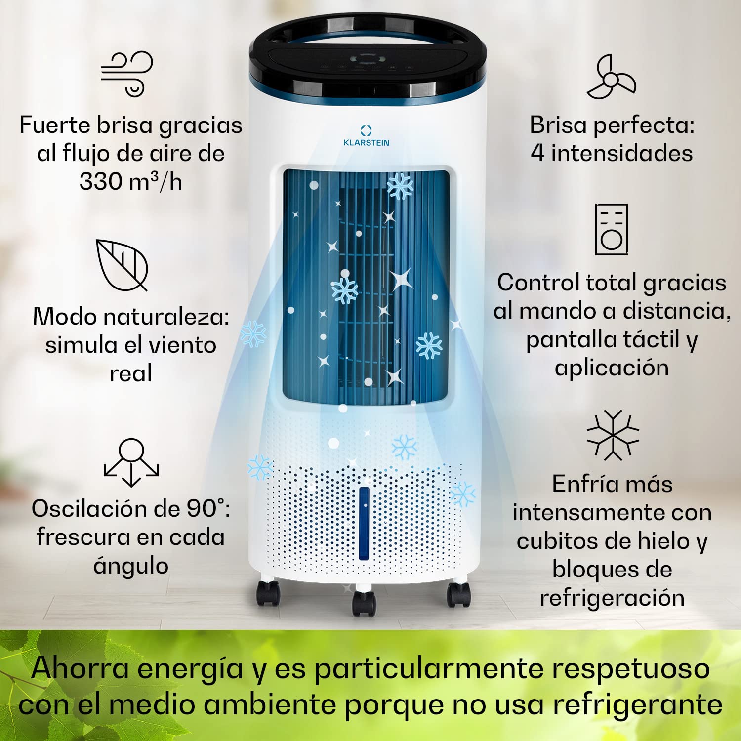 Klarstein IceWind Plus Climatizador Evaporativo – 4 en 1: Ventilador, Enfriador, Humidificador & Purificador, 330 m³/h, Control App & Alexa, Silencioso, Depósito 7L, Azul metalizado/Blanco