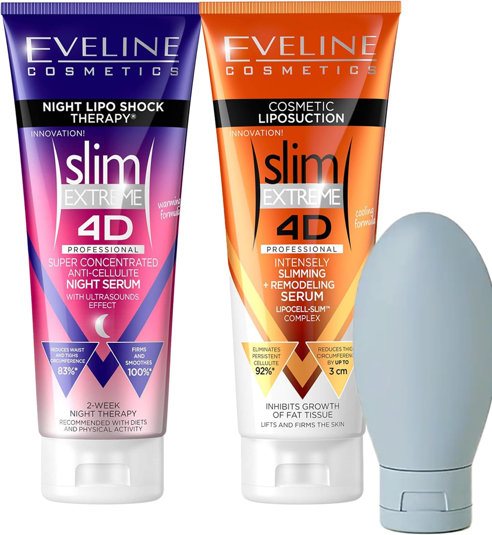 Slimming Body Cream Bundle - Eveline Cosmetics Slim Extreme 4D Duo: Scalpel Concentrated Slimming Cream, Super Concentrated Cellulite Slimming Hot Cream + Free Travel Bottle - Skin Tightening Solution