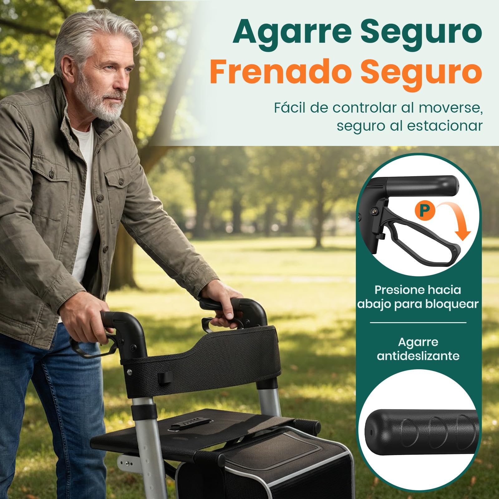 Andador con asiento, Andador de 4 ruedas plegable para adultos, Soporta hasta 136 kg, Sistema de doble freno, Ruedas de 8"", 6 niveles de altura ajustable, Bolsa extraíble y Respaldo – Plata