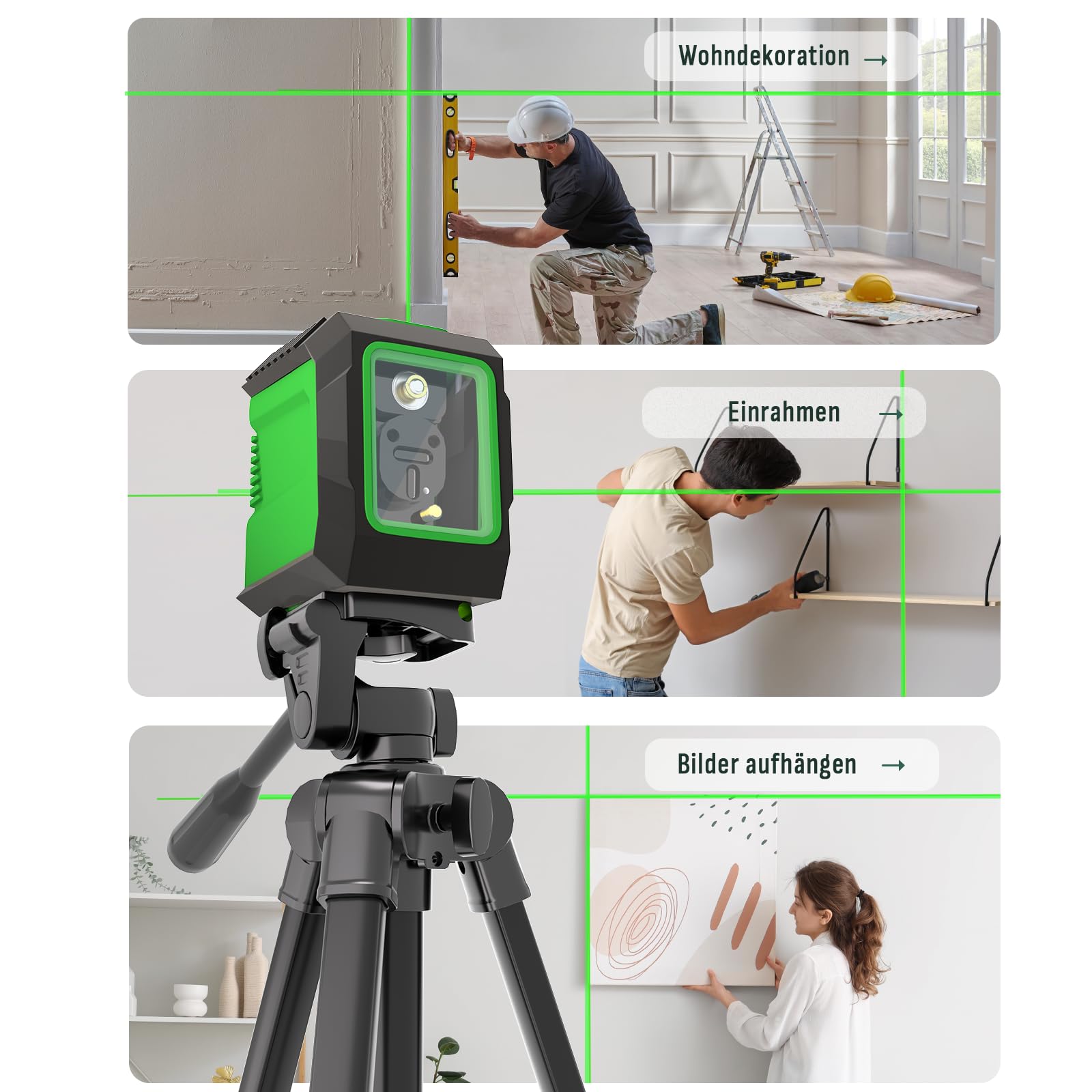 Kreuzlinienlaser mit 127 cm Stativ, Lusweimi Laser Wasserwaage, Grüner 360°-Selbstnivellierungs Laserstrahl, zum Aufhängen von Bildern/Baustellen/Inneneinrichtung/DIY, Mit 4xAA Batterien (Schwarz)