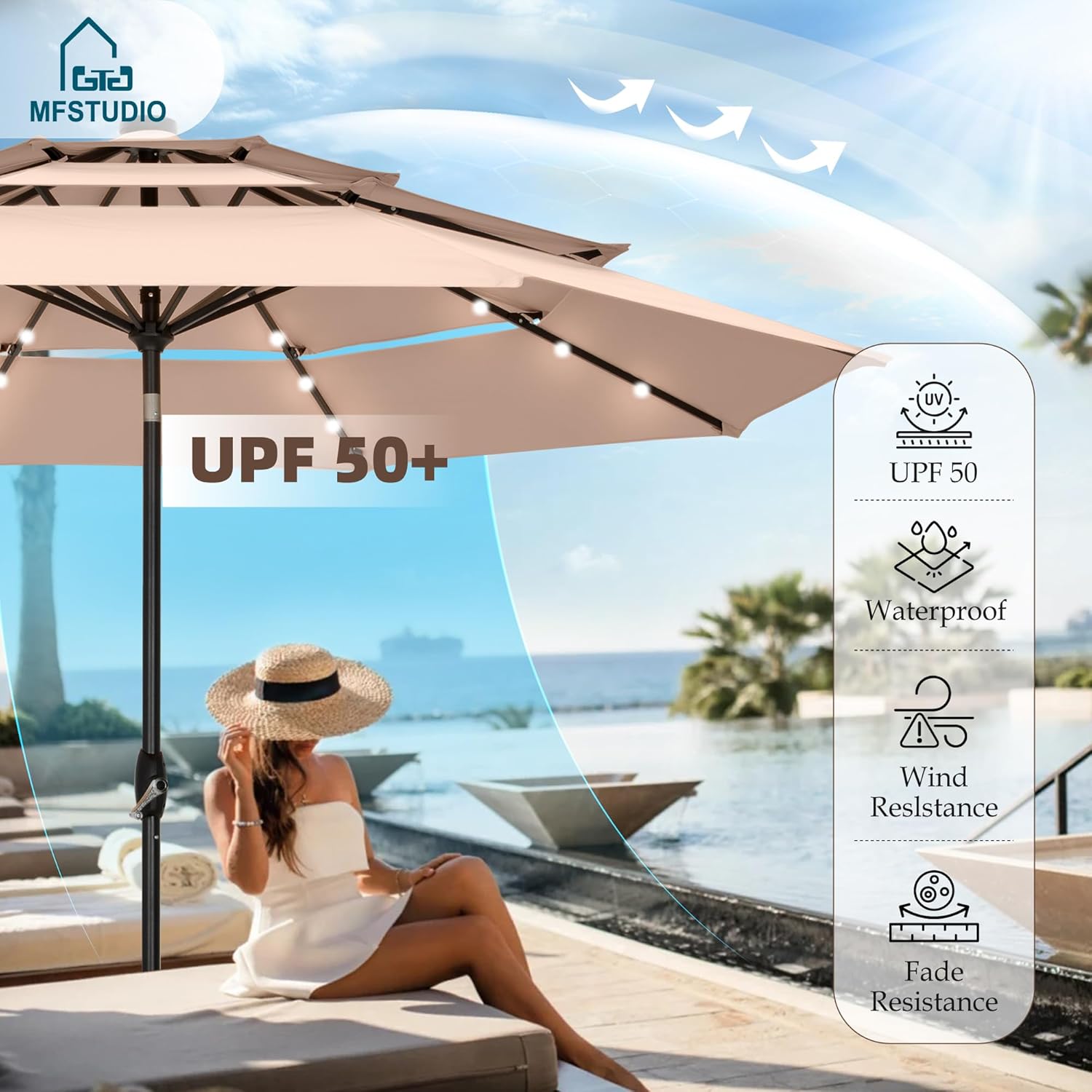 MFSTUDIO 10ft 3 Tier Solar Patio Umbrella, Outdoor Market Umbrellas with 24 LED Lights, Auto-tilt, Sun Shade for for Backyard Deck Garden, Beige
