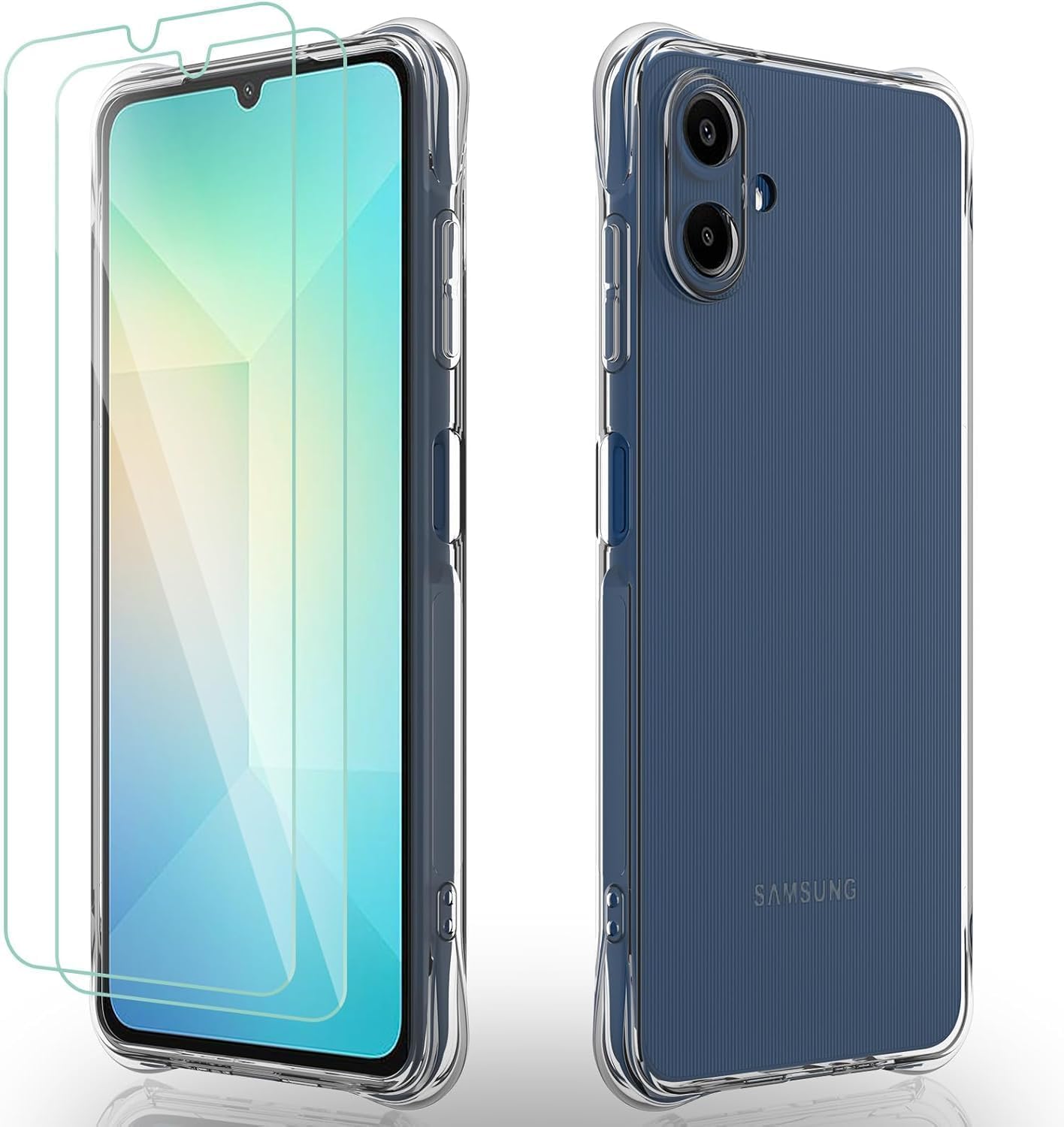 [1+2] Clear Case for Samsung Galaxy A07, 2 pack Ultra-Clear Tempered Glass Screen Protectors - Anti-Yellowing Transparent Protective - Airbag Reinforced for Drop and Shock Resistance (Clear, A07)