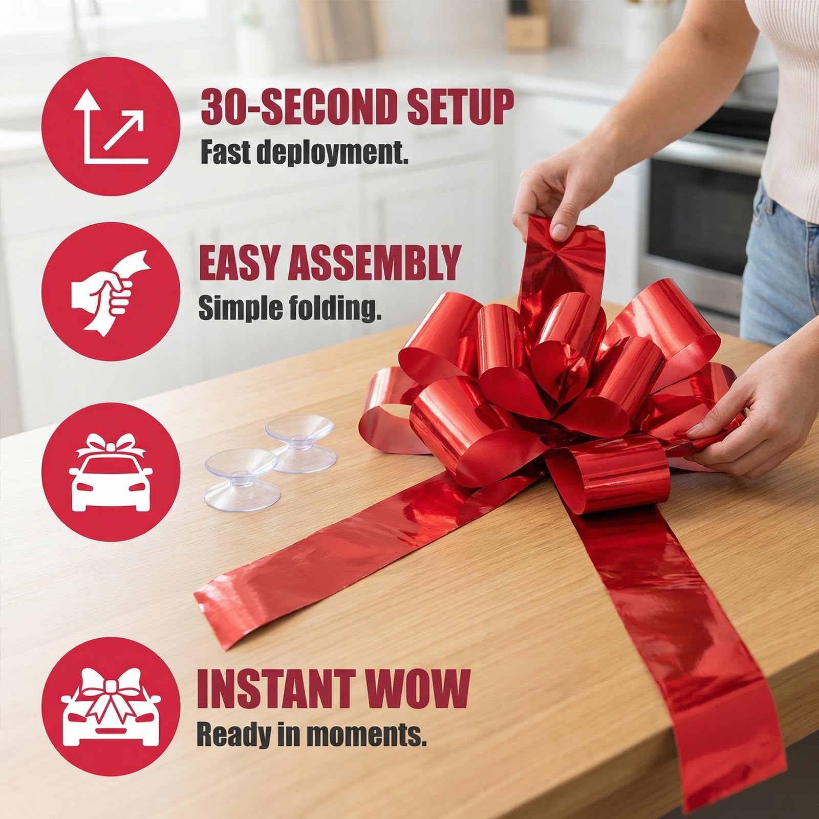Grand Nœud Rouge 76 cm, Noeud Géant Décoratif pour Cadeau Voiture Mariage Anniversaire Noël