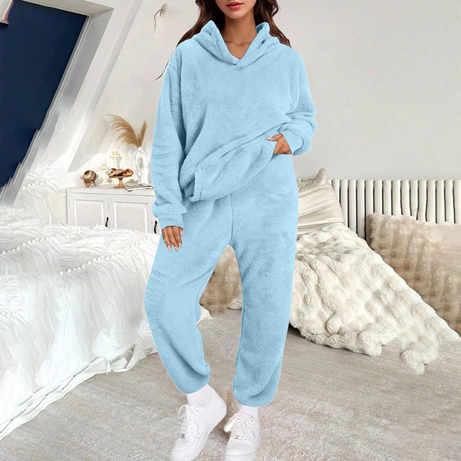 Generisch Traje de casa para mujer con capucha y bolsillos, suave y grueso, pijama de un solo color, traje de felpa, traje térmico, traje de ocio largo, conjunto cómodo de dos piezas de invierno