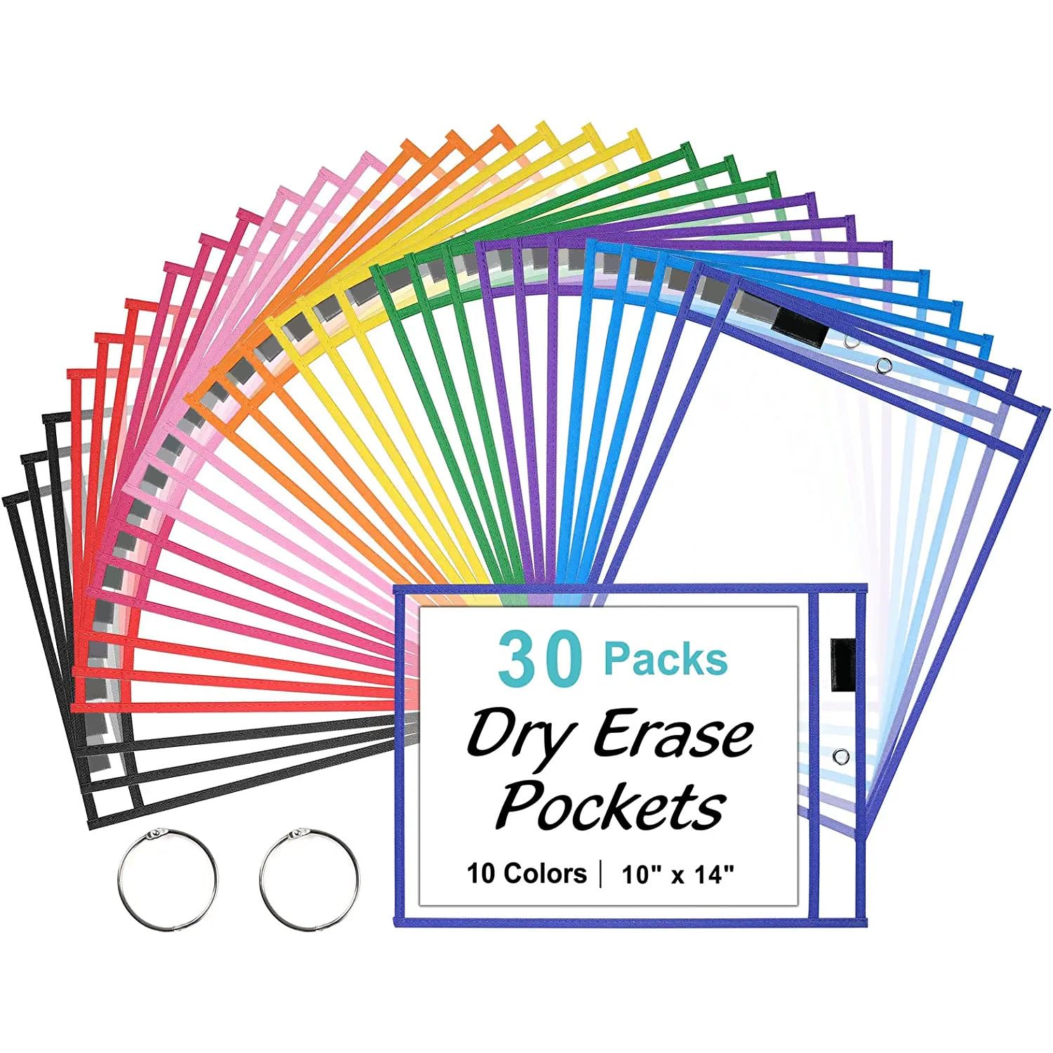 30 PC Reusable Dry Erase Pockets Sleeves, 2 Rings Transparent Sheets Erasable Pockets, Drawing Board, Clear Sheet Protector, Teacher School Classroom Supplies & Resources
