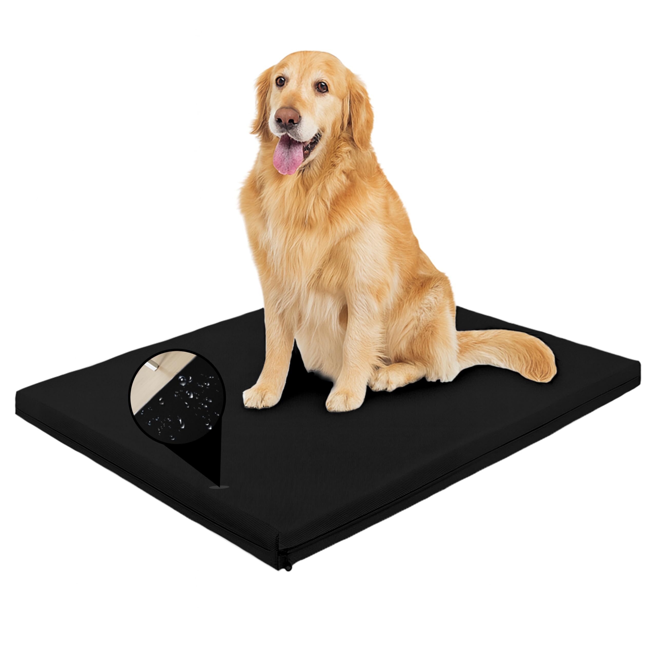 Egypto Waterproof Large Dog Bed Black – 5cm Thick Bonded Fibre Filled Cat & Dog Crate Mat with Green Removable Zipped Cover – Soft, Supportive Foldable Pet Mattress for Home, Crate, Travel – 70x95+5cm