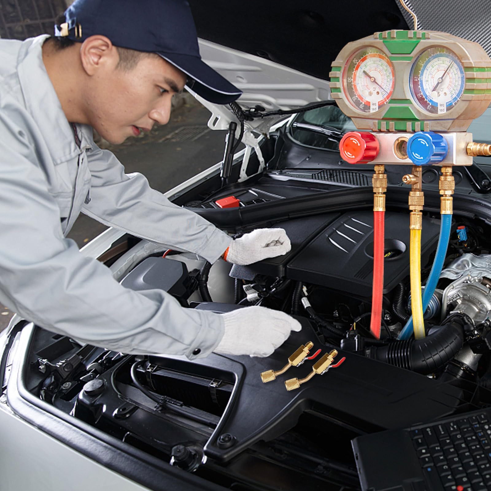 NUOBESTY Raccord Frigorifique 3 Pièces en Cuivre Vanne à Bille Coudée 45 Degrés, Facile à Installer, Adapté pour Manifold et Réfrigérants de Climatisation Automobile