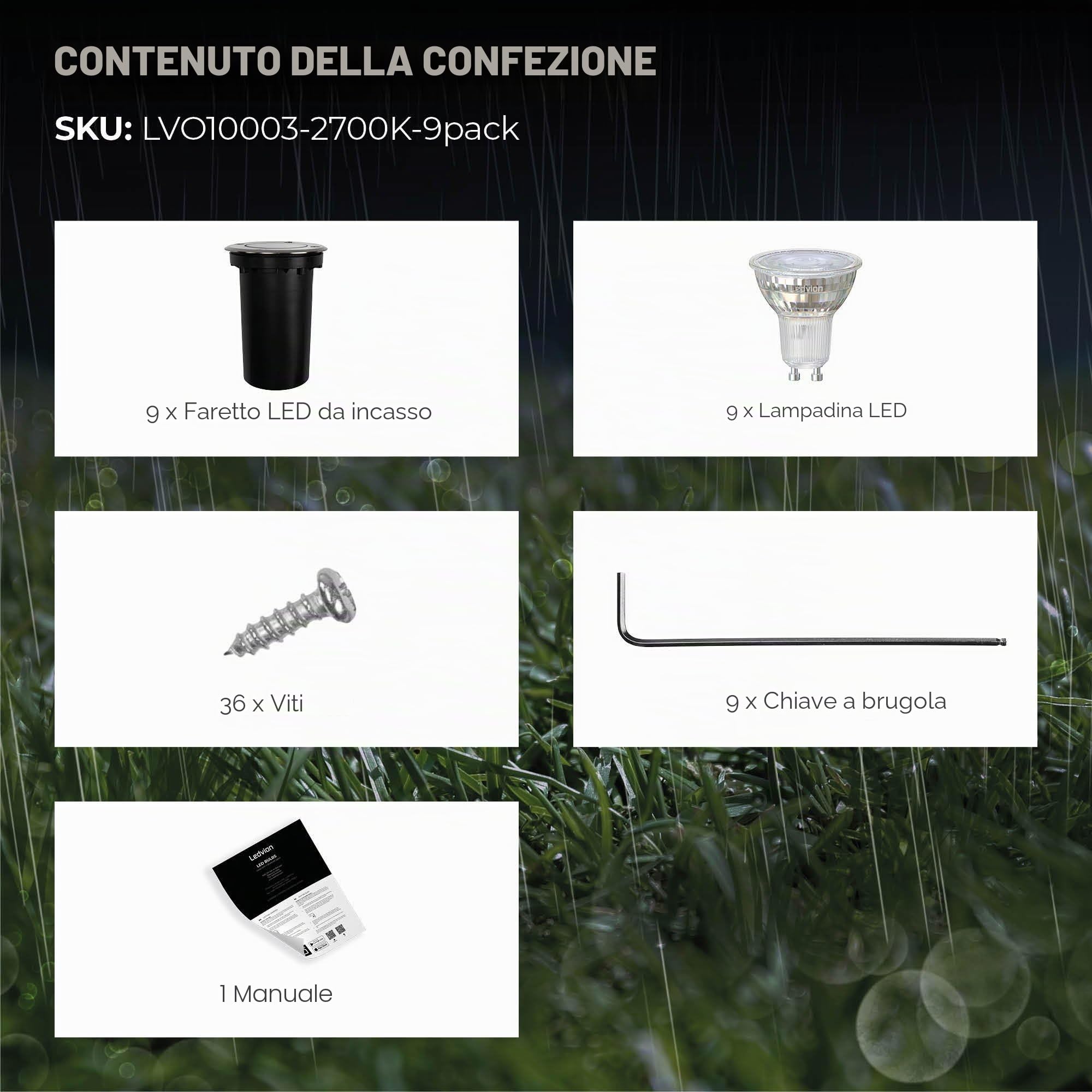 Ledvion 9 pezzi Faretto LED da Incasso IP67 3W 230V 345Lm 2700K GU10 | Con sorgente luminosa e cavo 1m per giardino terrazza vialetto e percorsi
