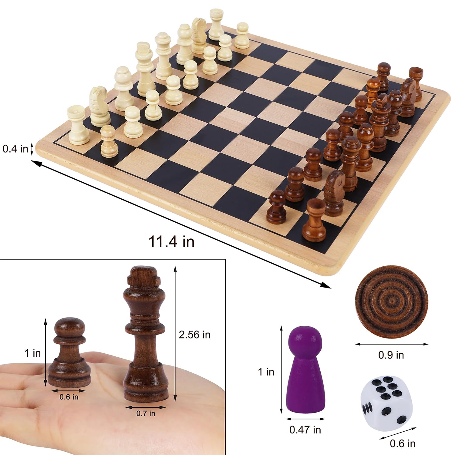 Glintoper Tavole di legno reversibili 5 in 1 per scacchi, dama, dama cinese, serpenti e scale, Tic Tac Toe, giochi da tavolo classici da viaggio portatili per bambini dai 6 anni in su