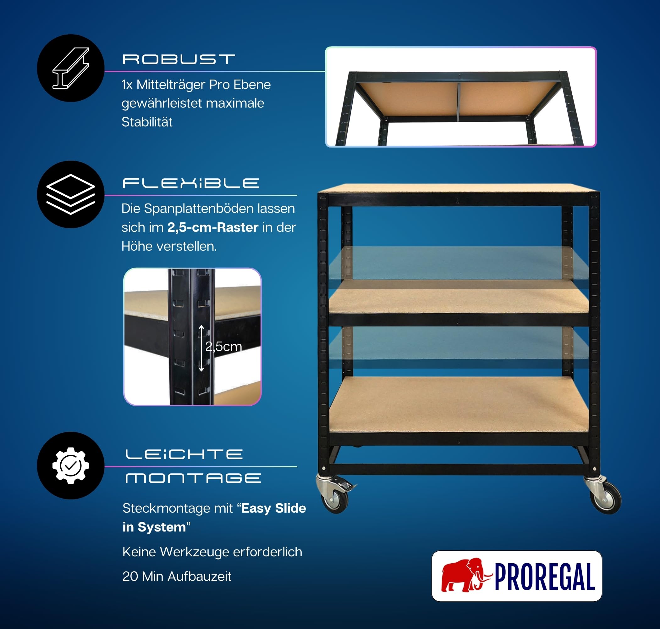 PROREGAL Mega Deal 2X Kommissionierwagen BÜFFEL Fahrbares Kommissionierregal 100x90x50cm 3 Ebenen Fachlast 50kg 2X Lenkrollen & 2X Lenkrollen mit Feststellbremse Schwarz Regal auf Rollen Regalwagen