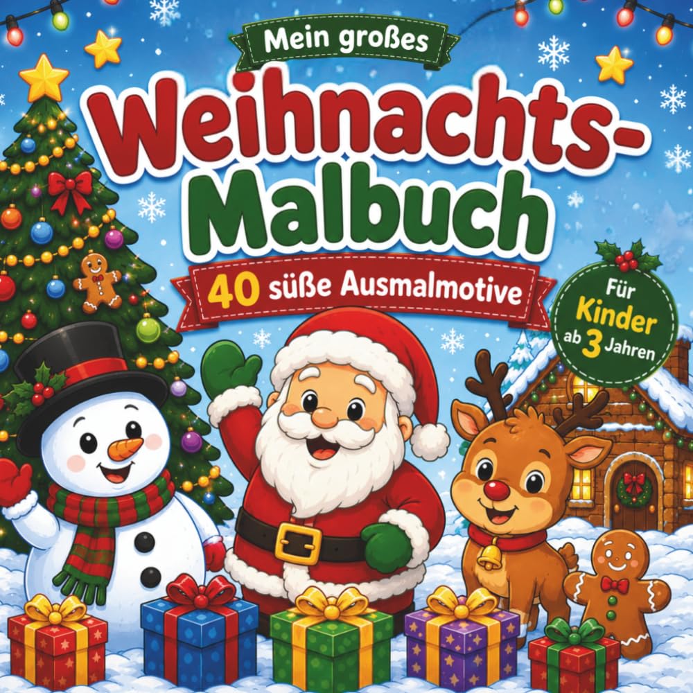 Mein großes Weihnachtsmalbuch: 40 süße Ausmalmotive für Kinder ab 3 Jahren: Weihnachtsmann, Rentiere, Weihnachtsbaum, Geschenke, Lebkuchen, Wintertiere und festliche Weihnachtsszenen